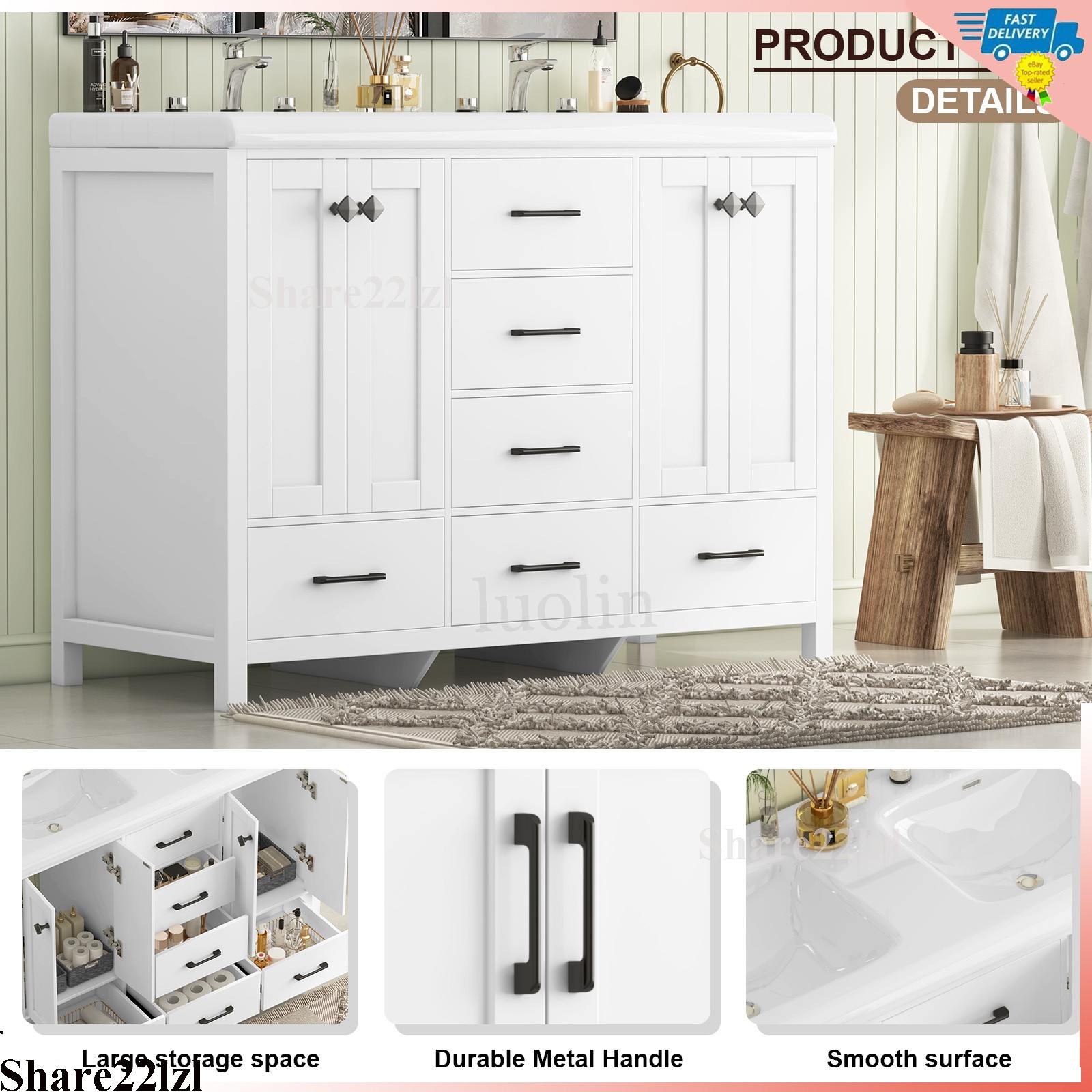 47″ Double Bathroom Vanity Wood Cabinet with Ceramic Sink Combo Set Freestanding