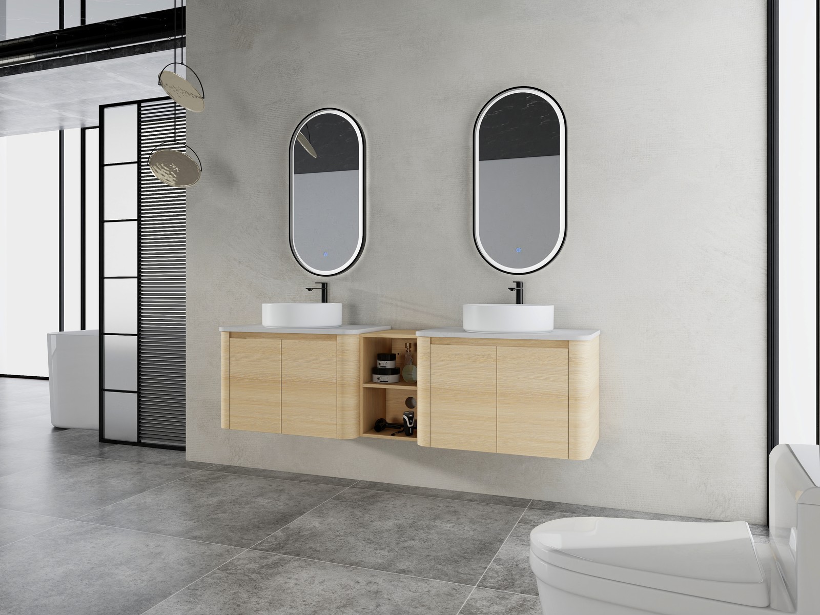 72″ Floating Bathroom Vanity W/ 2 White Ceramic Sink Stone Slab Top+Open Shelves