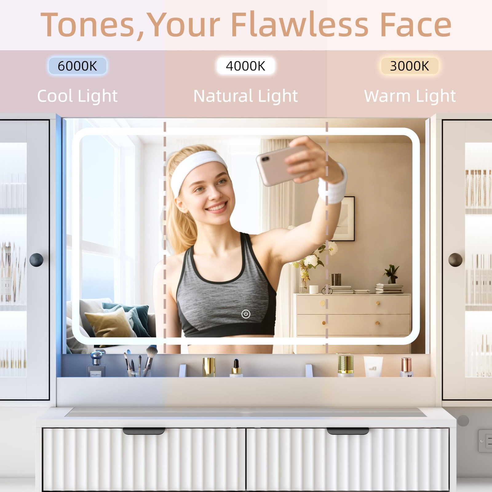 55 Vanity Desk w/ 3-Color Lighted Mirror 8 Drawers 4 Cabinets Charging Station