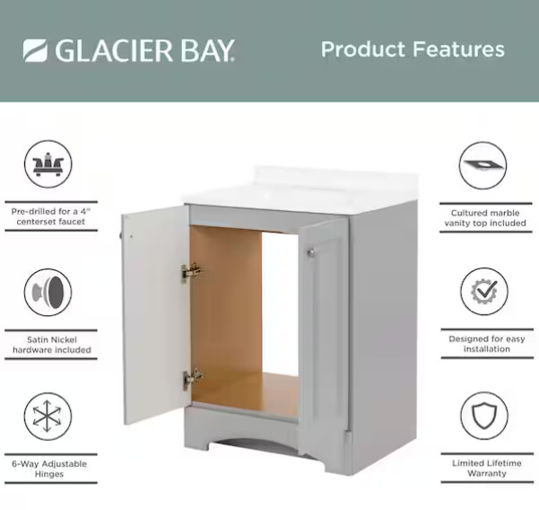 Glacier Bay 25″ Single-Sink Vanity – Pearl Gray with White Cultured Marble Top