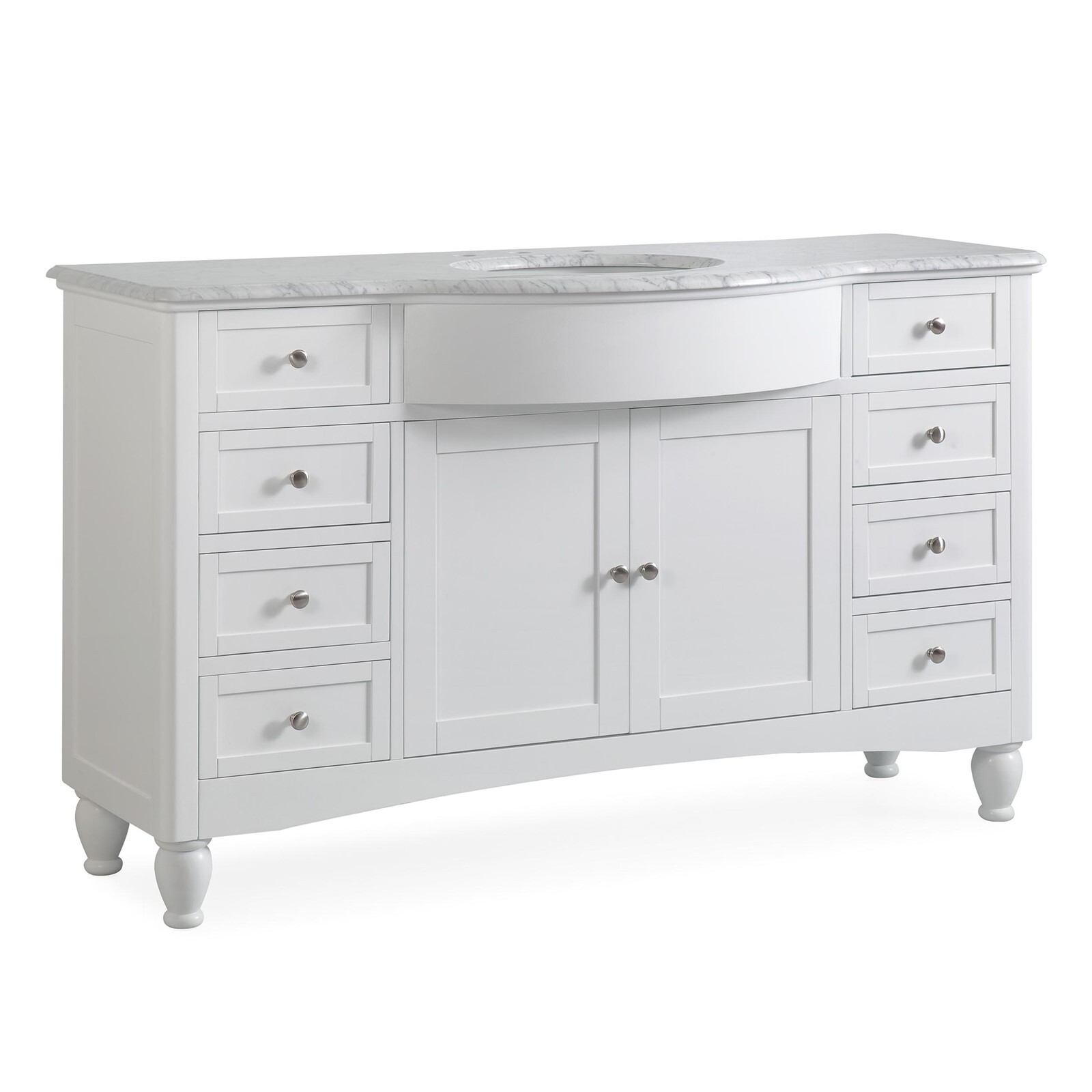 58″ White Curved Front Single Bathroom Sink Vanity Single Bowl Stone Top Cabinet