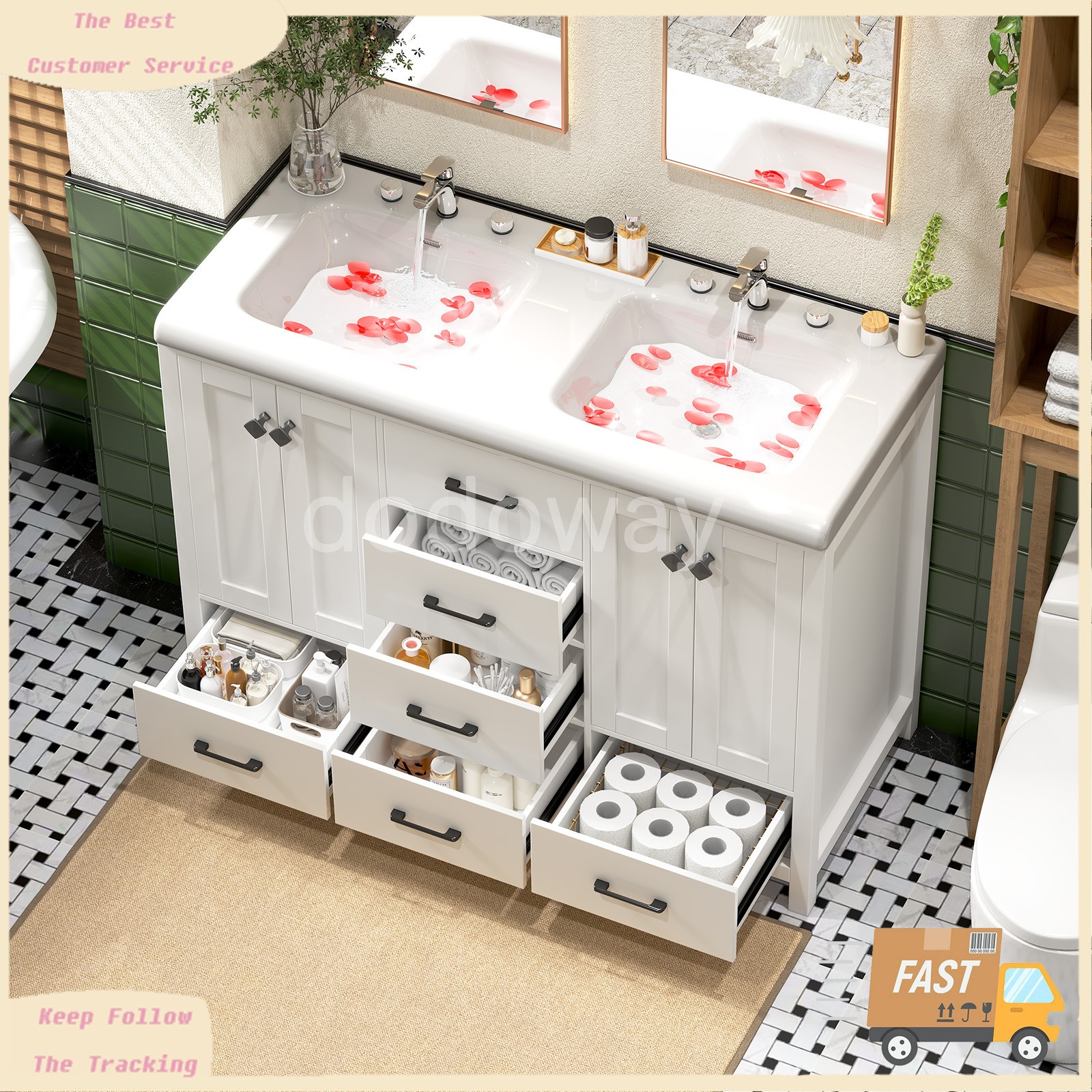 47″ Bathroom Vanity Set with Double Sink, 4-Door 6-Drawer Waterproof Cabinet
