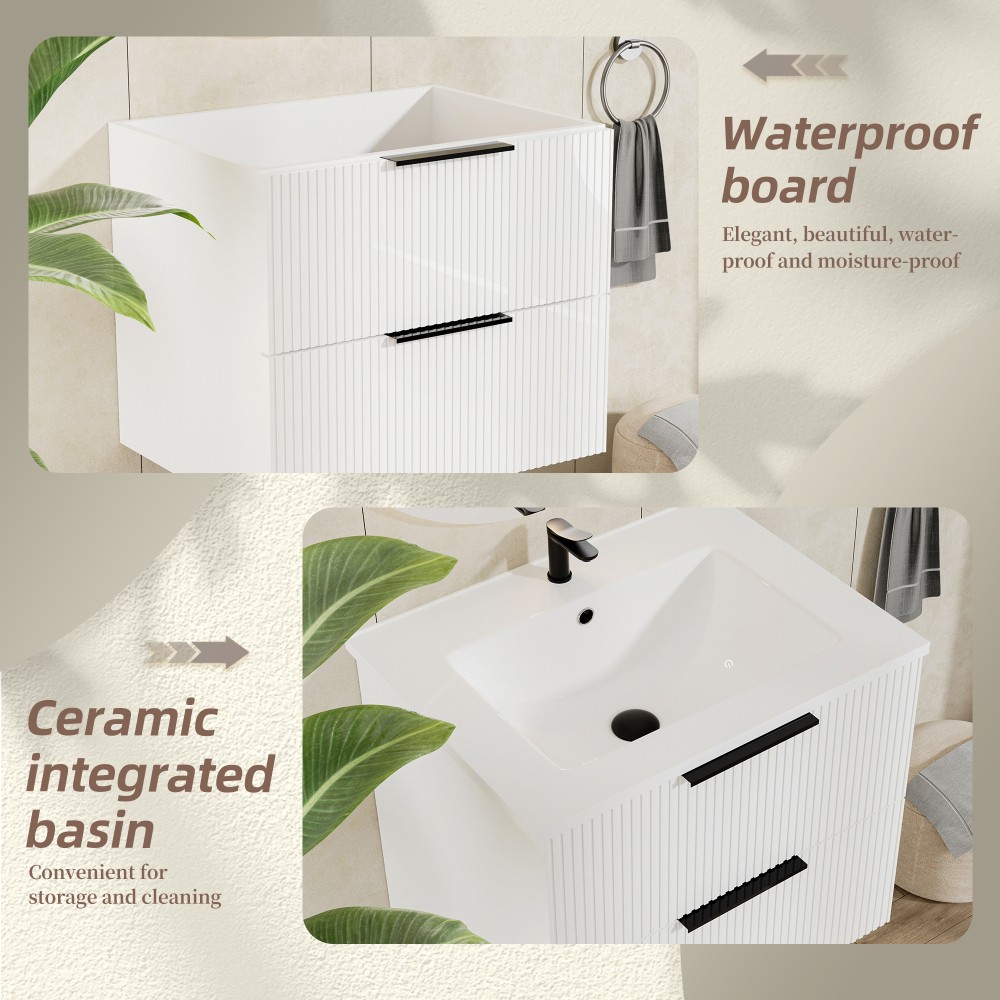 30″ Bathroom Vanity with Ceramic Sink, White Wall Mounted Fluted Cabinet