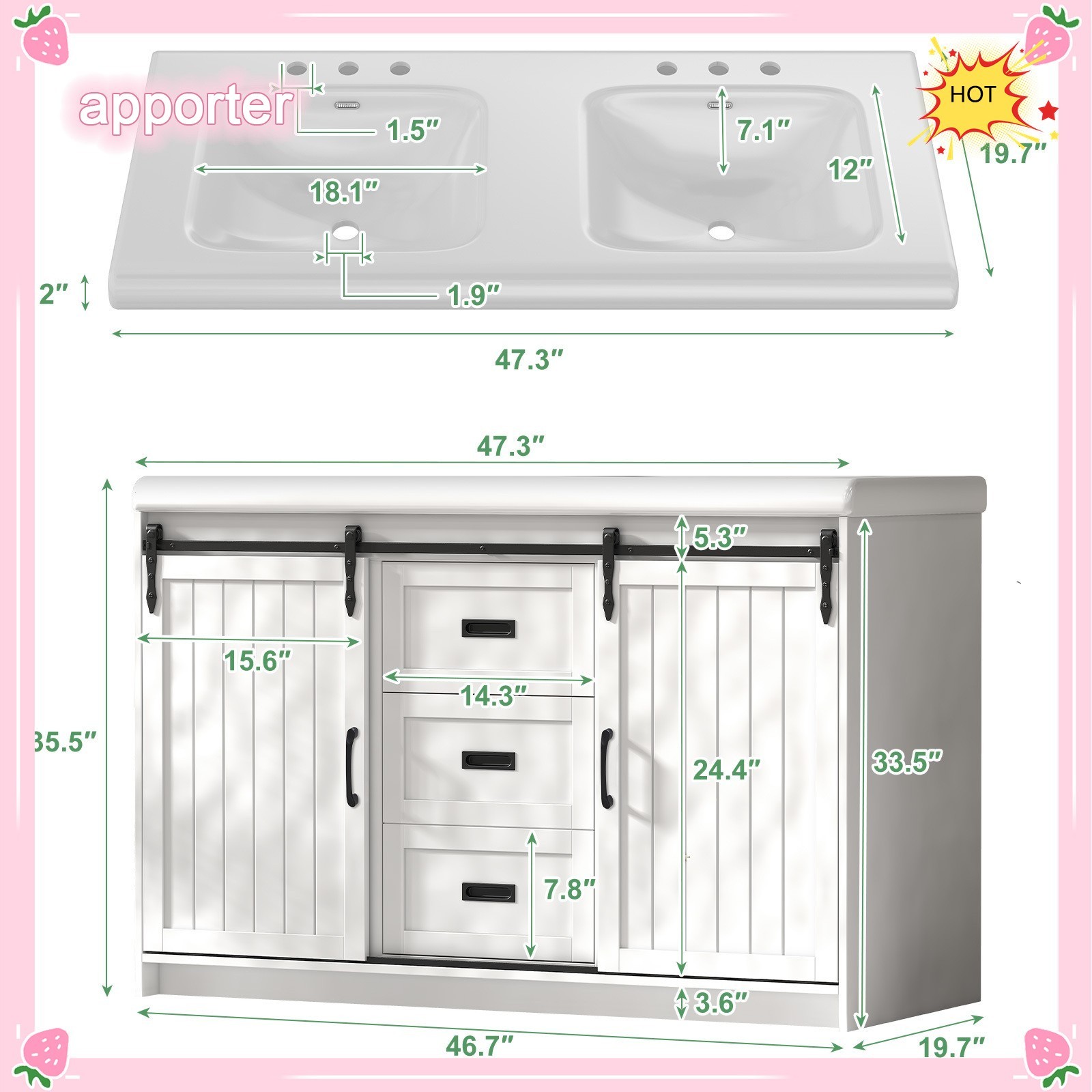 Bathroom Vanity with Double Sink Cabinet Ceramic Basin & 2 Drawers +2 Doors USA