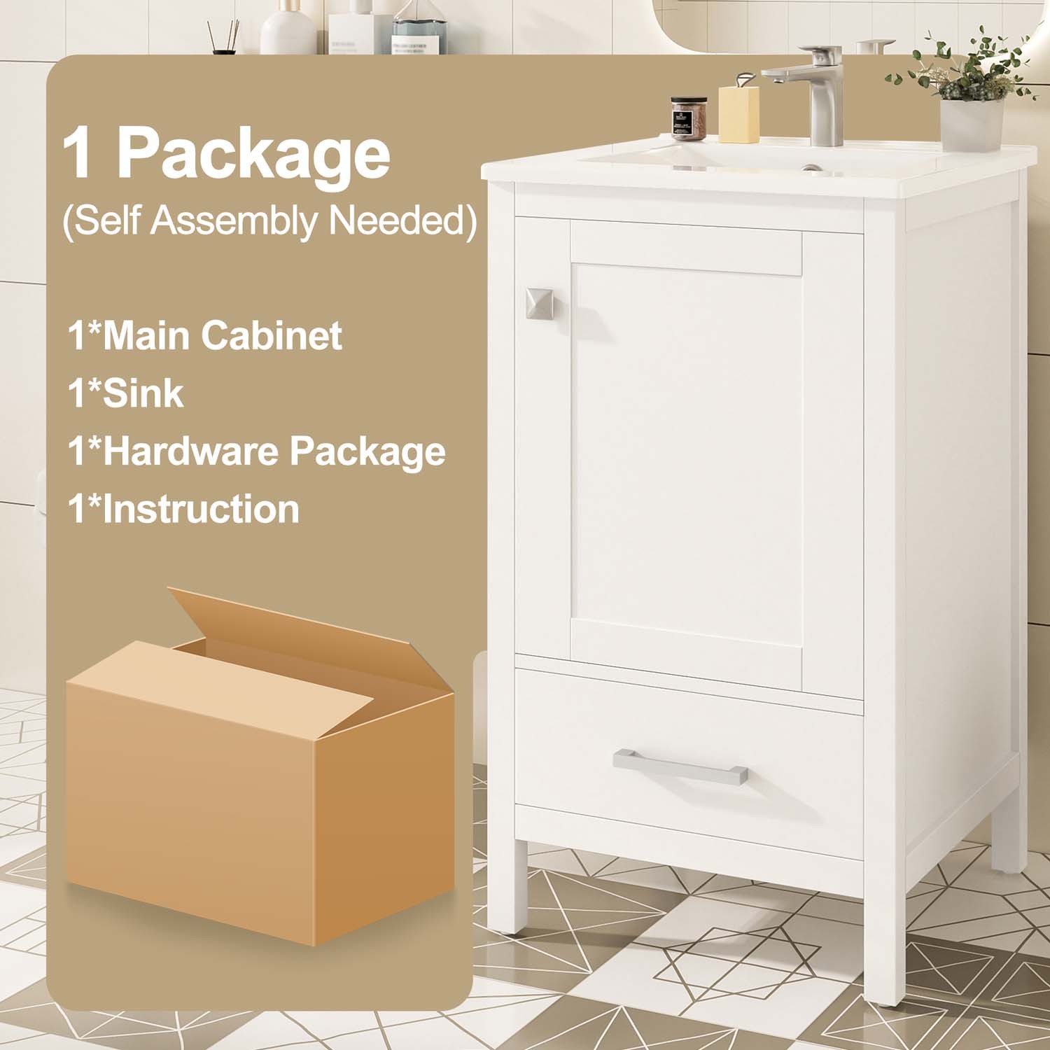 20″ Small Bathroom Vanity Ceramic Sink Combo Soft Close Storage Cabinet White