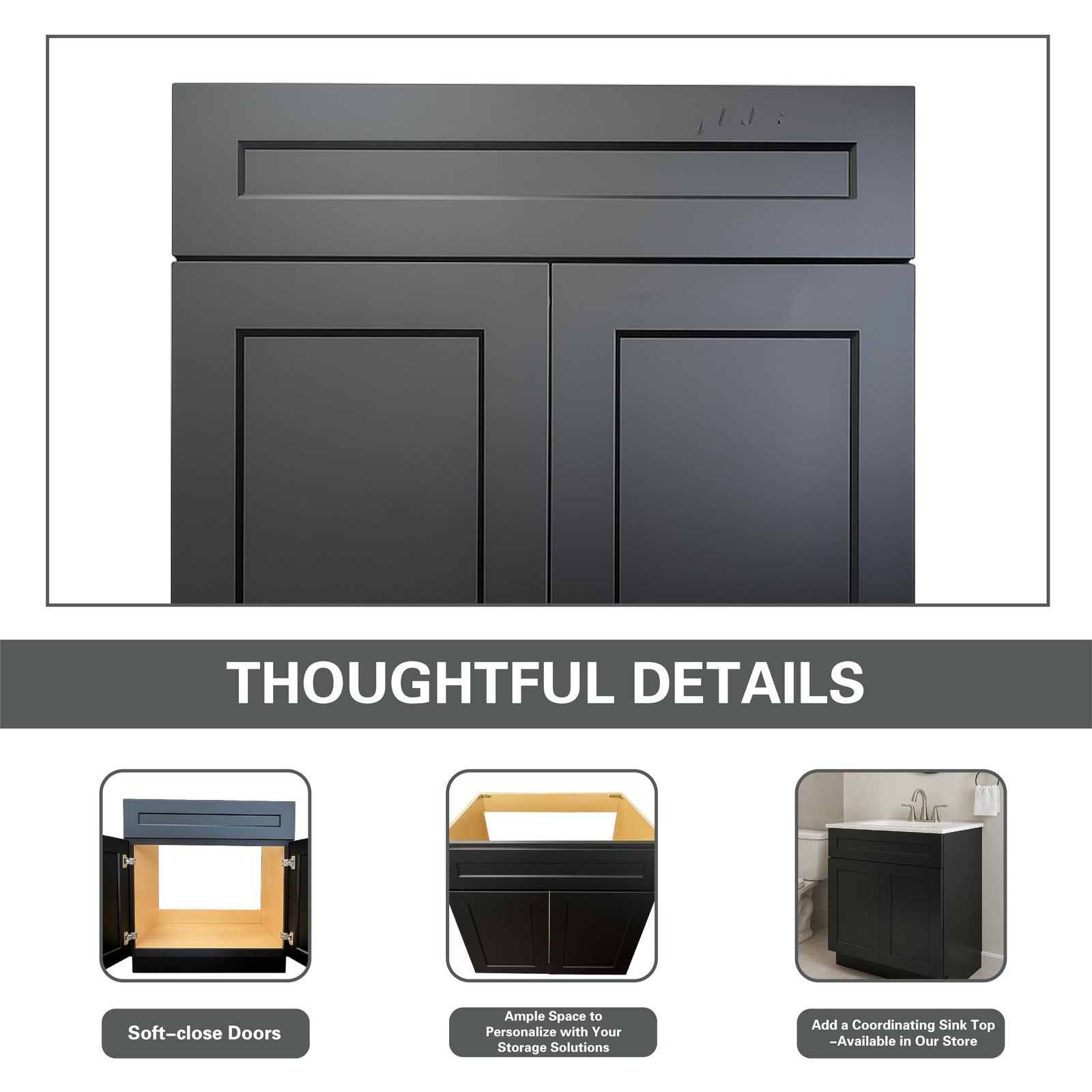 Black Shaker Bathroom Vanity Base 24″ – Solid Wood & Plywood Construction, So…