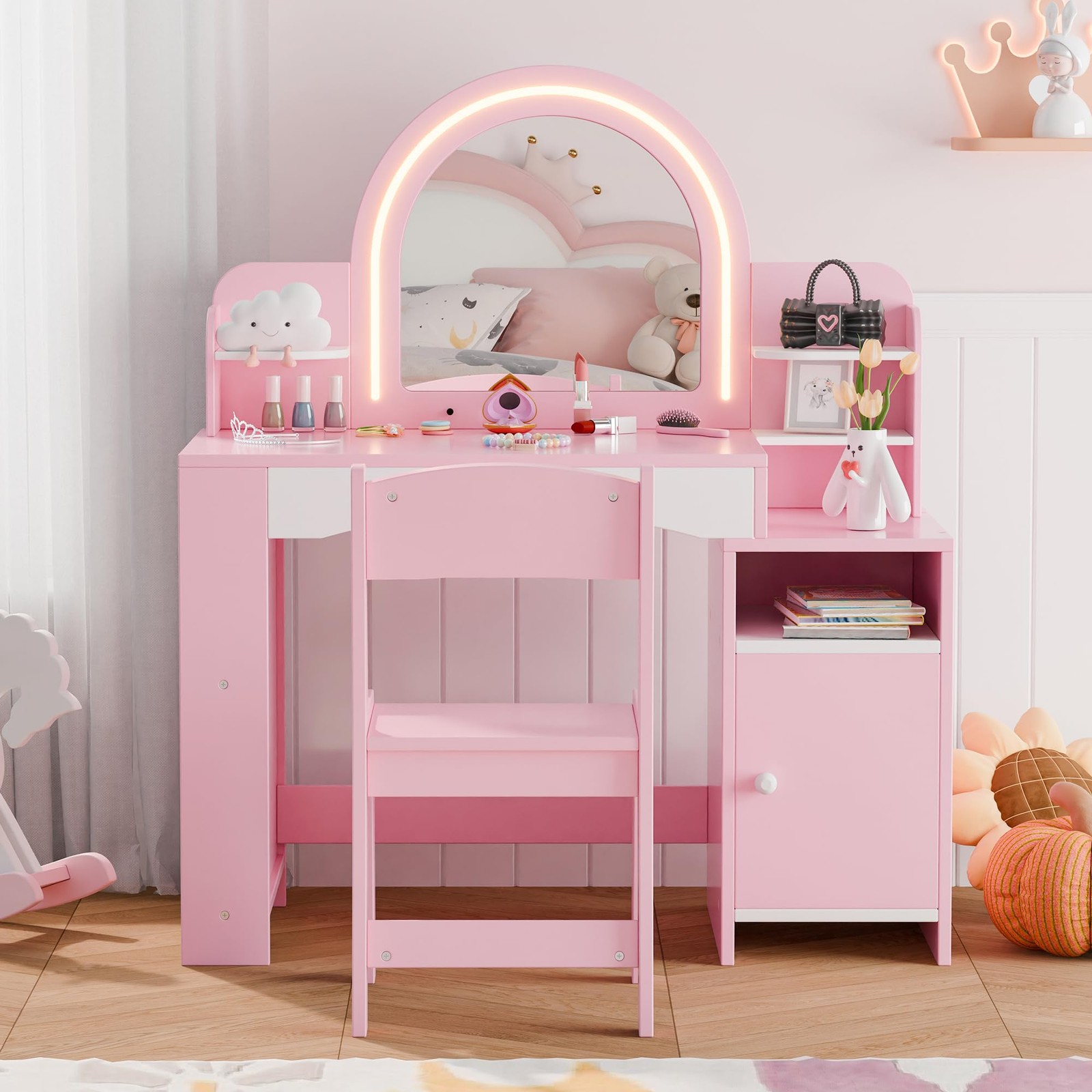 Kids Vanity Lights Princess Makeup Desk 2in1 Table Chair Set Lighted Mirror Pink