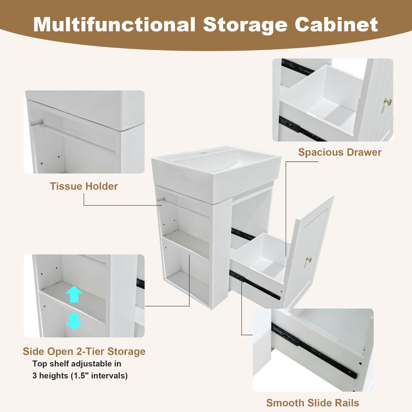 20 Inch Bathroom Vanity Storage Cabinet With Ceramic Sink Storage Drawer Shelf