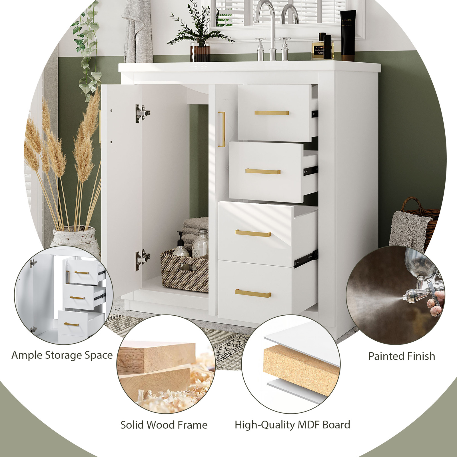 30” Freestanding Bathroom Vanity with Ceramic Sink 2 Doors and 3 Drawers White