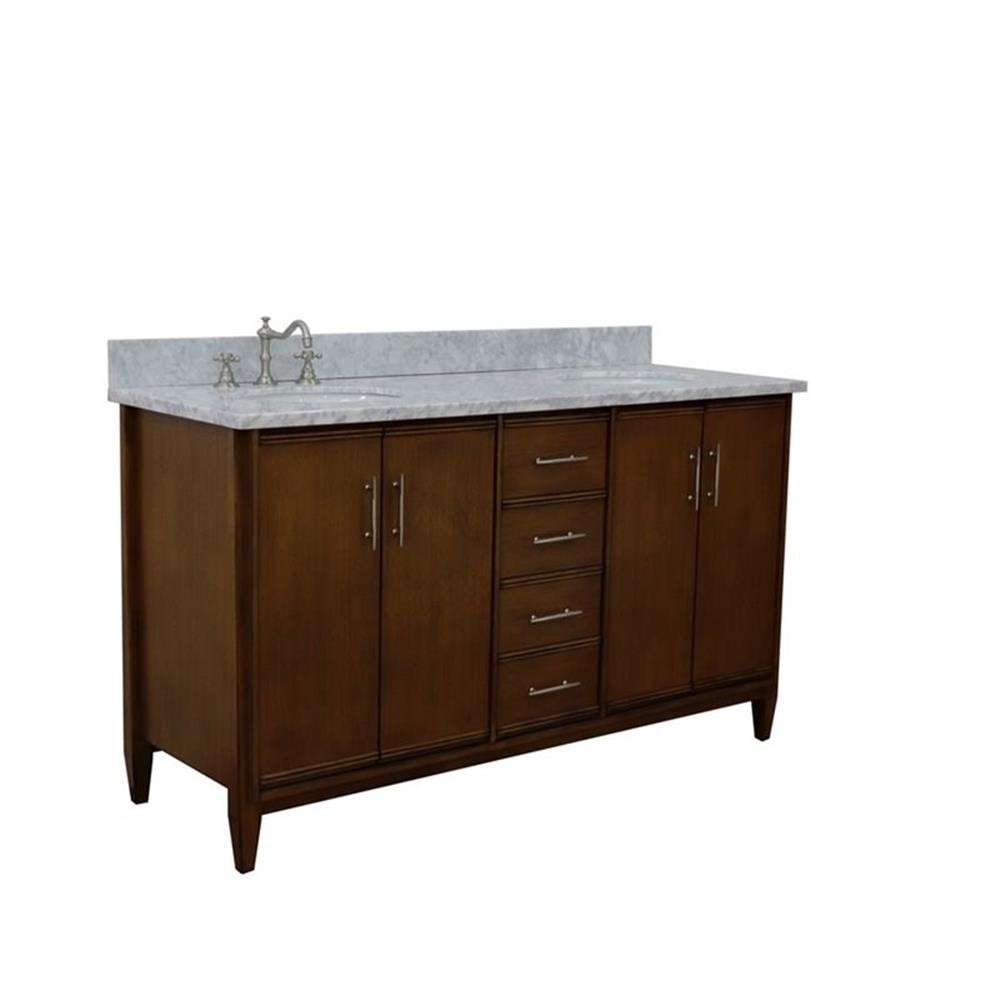 Pemberly Row 61″ Double Oval Sink Solid Wood Vanity in Walnut/White Carrara