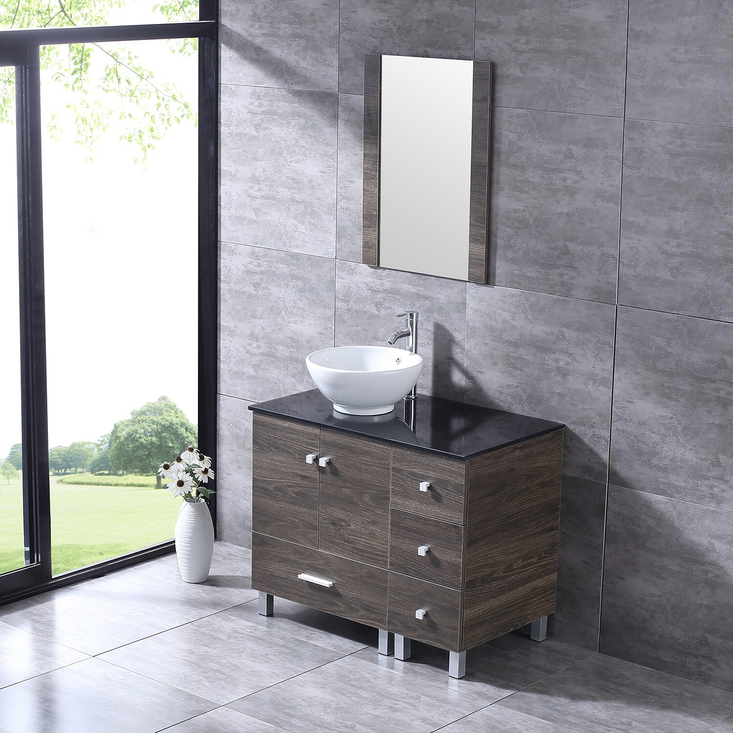 Bathroom Vanity with Sink 36 Inch Cabinet Ceramic Sink w/Glass Top Set Brown