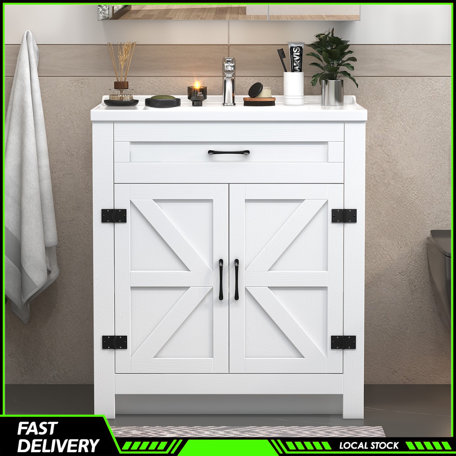 31″ Bathroom Vanity Cabinet with Ceramic Sink Freestanding Storage with Drawer