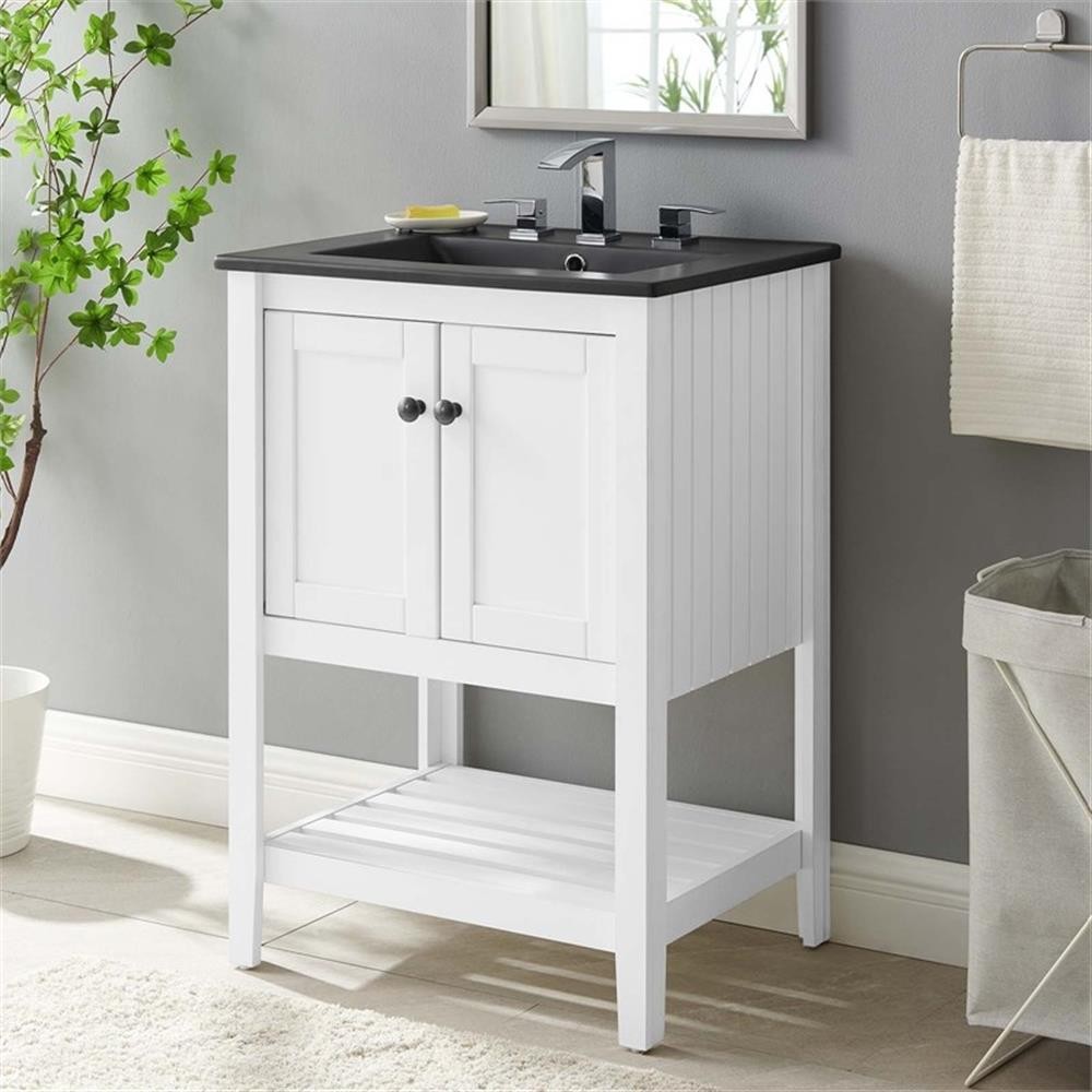 Pemberly Row 24″ Modern Wood/Ceramic Bathroom Vanity in White/Black