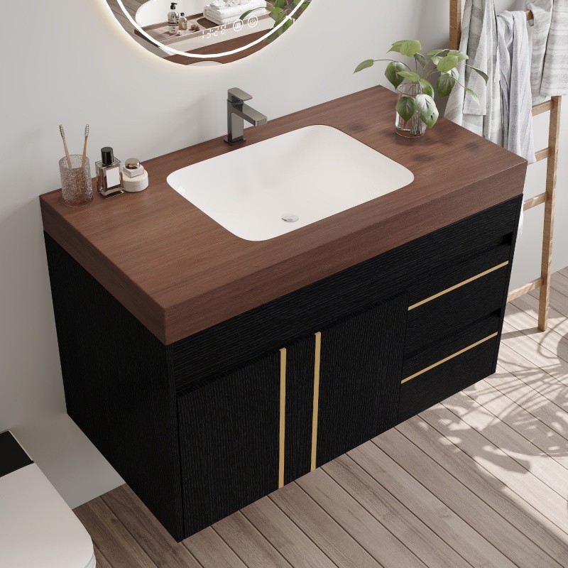 36″ Modern Floating Bathroom Vanity w/Integrated Ceramic Sink & Faux Marble Top
