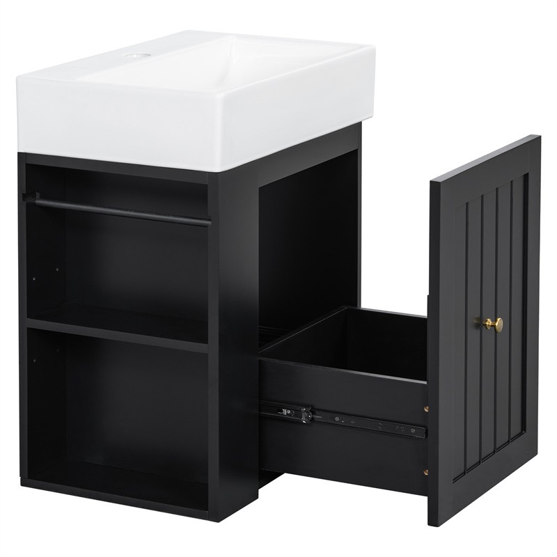 20″ Bathroom Vanity w/Ceramic Sink Black Storage Cabinet with Drawer,Side Shelf