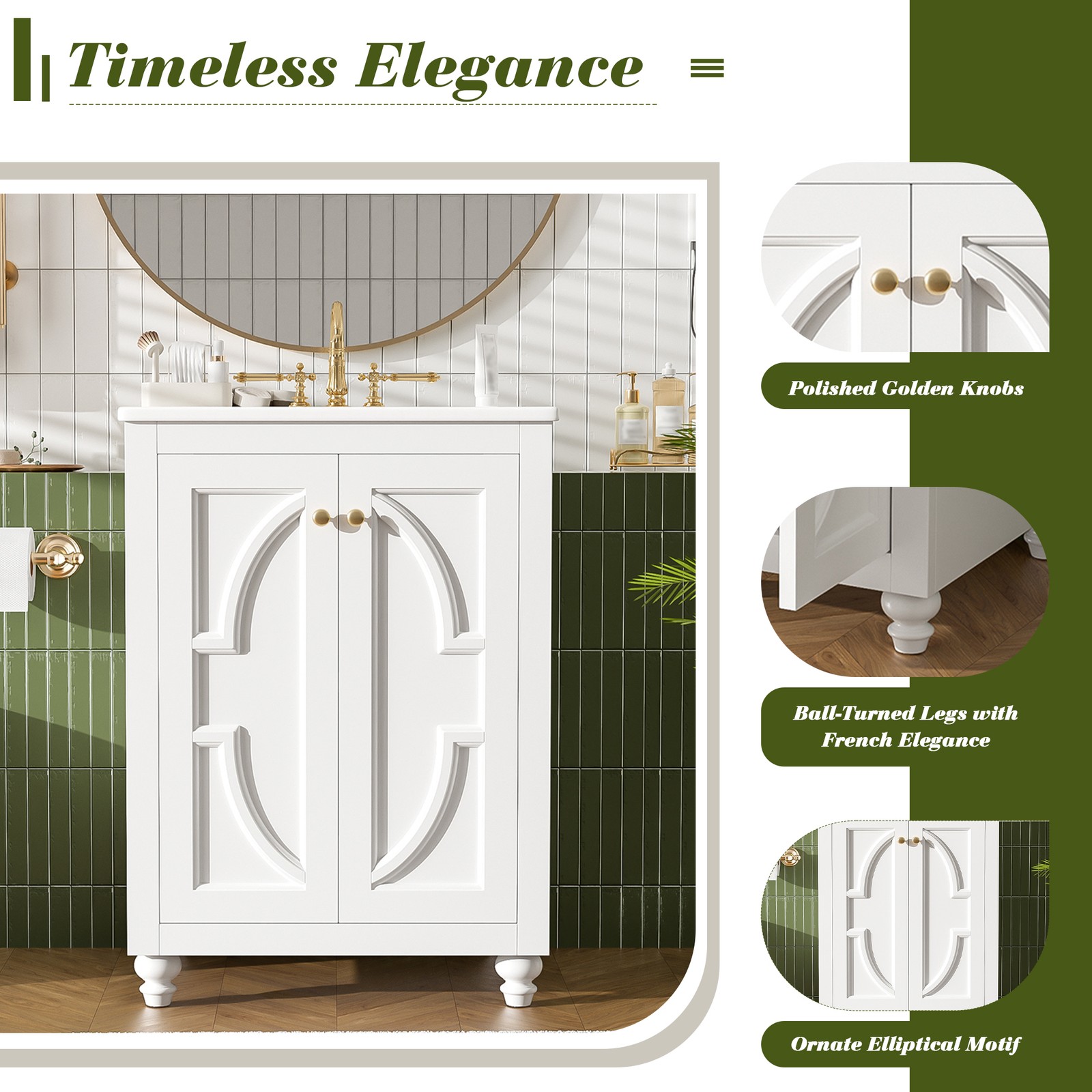 24″ Modern Bathroom Vanity with Elliptical Motif & Soft-Close Hinges