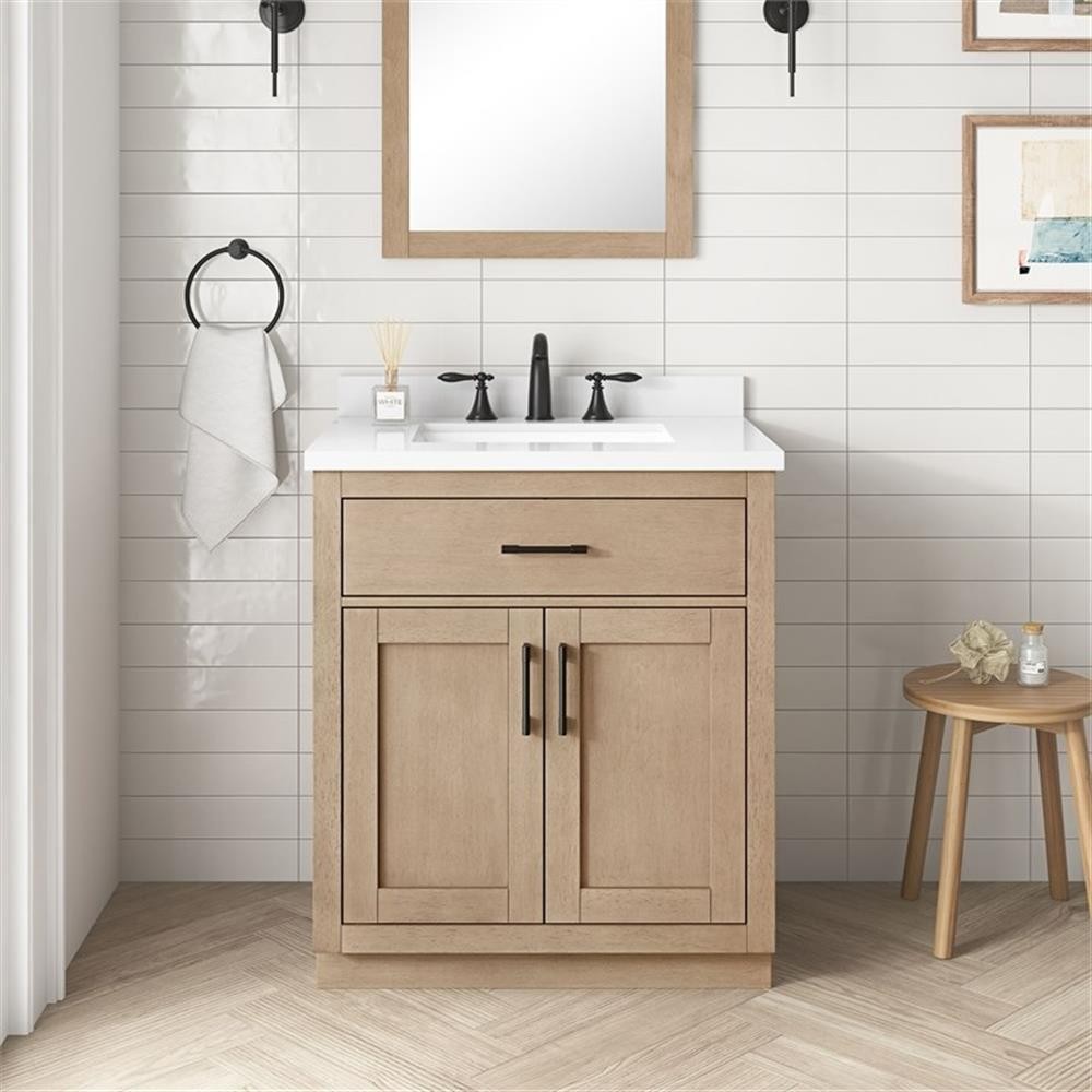 Pemberly Row 30″ Bathroom Vanity in Sahara Birch with White Countertop