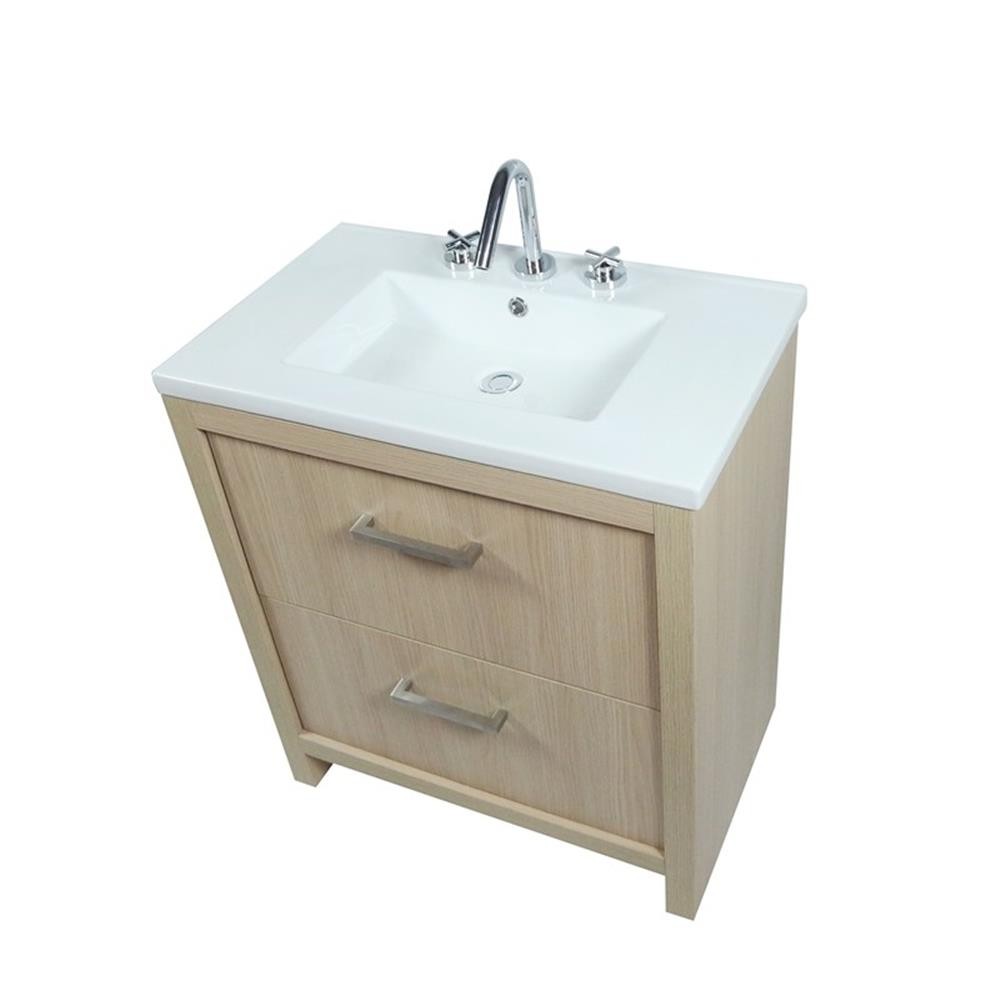 30″ Single Sink Vanity In Neutral Finish with White Ceramic Top