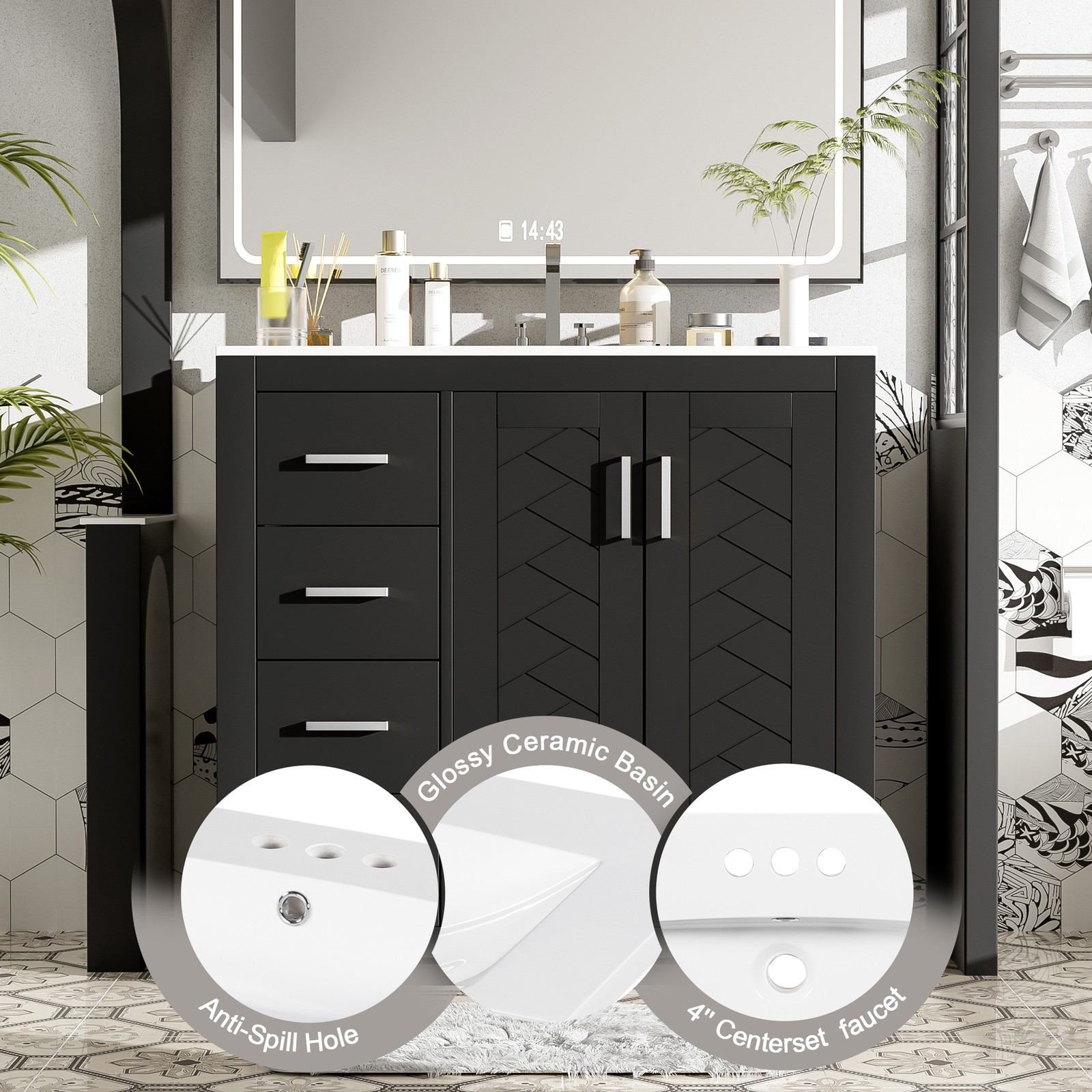 36″ Bathroom Vanity with Ceramic Sink, Solid Wood Frame, 3 Drawers