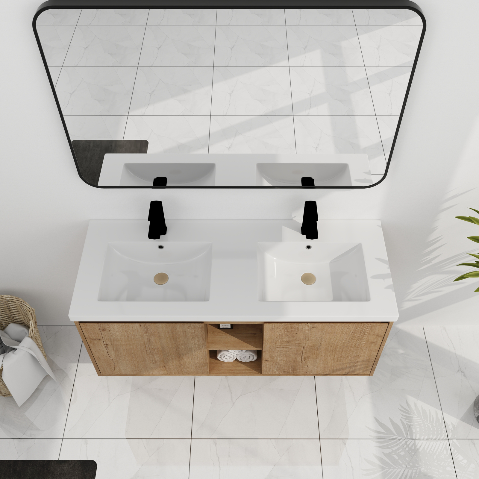 48″ Plywood Wall Mounted Bathroom Vanity With Double Sink Basin 2 Doors Storage