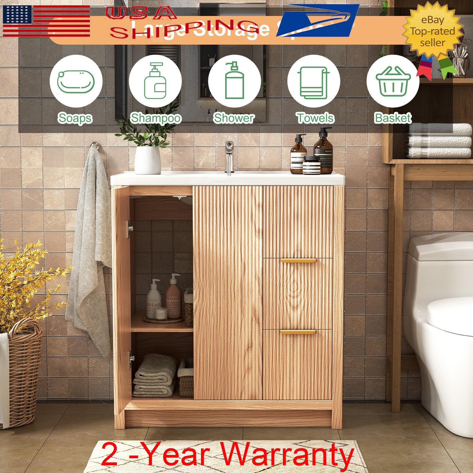 Wood Bathroom Vanity Cabinet w/ Ceramic Sink Storage Bathroom Cabinet w/ Drawer