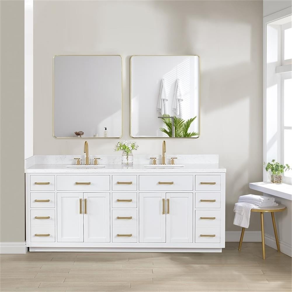Gavino 84″ Wood Vanity in White with Composite Stone Top with Mirror
