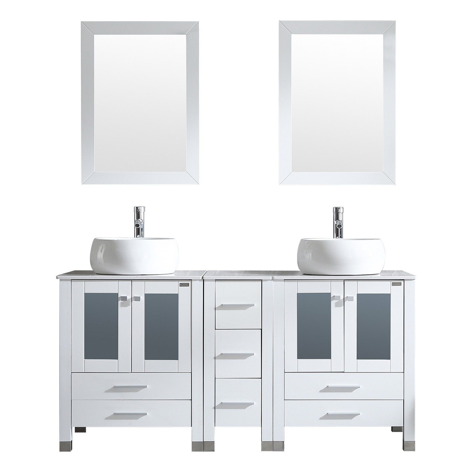 60″ Double Bathroom Vanity White Cabinet Glass Vessel Sink Bowl Mirror w/Faucet