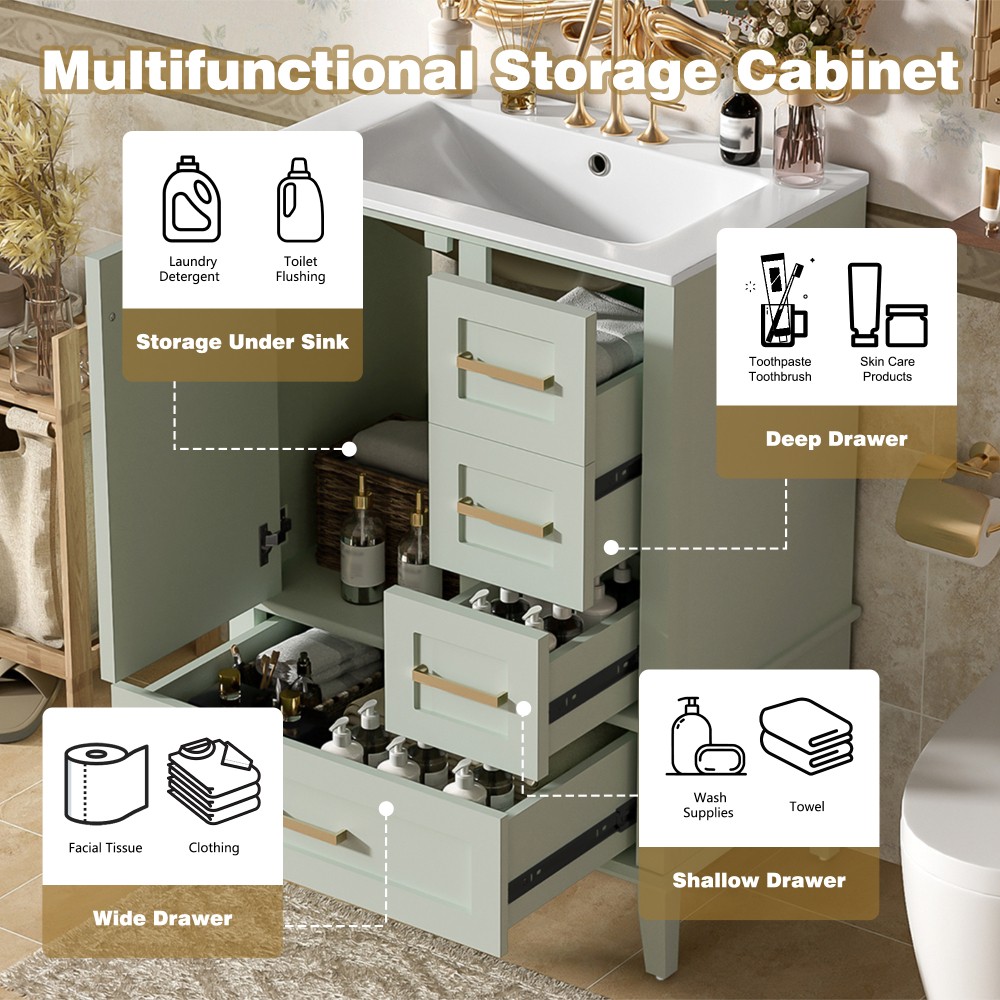 24.8″ Bathroom Vanity with Ceramic Sink, Modern Freestanding Cabinet Featuring