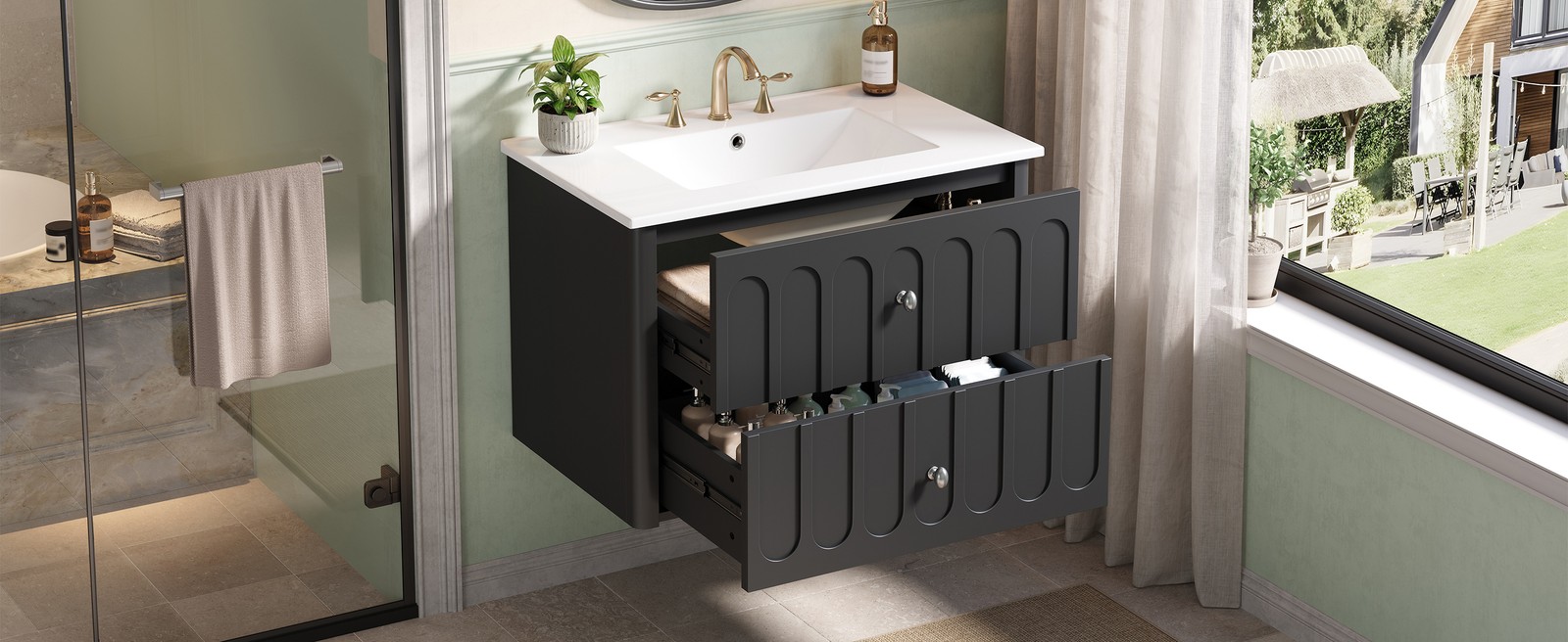 30″ Modern Bathroom Cabinet Floating Bathroom Vanity w/Oval Knobs & Round Edge