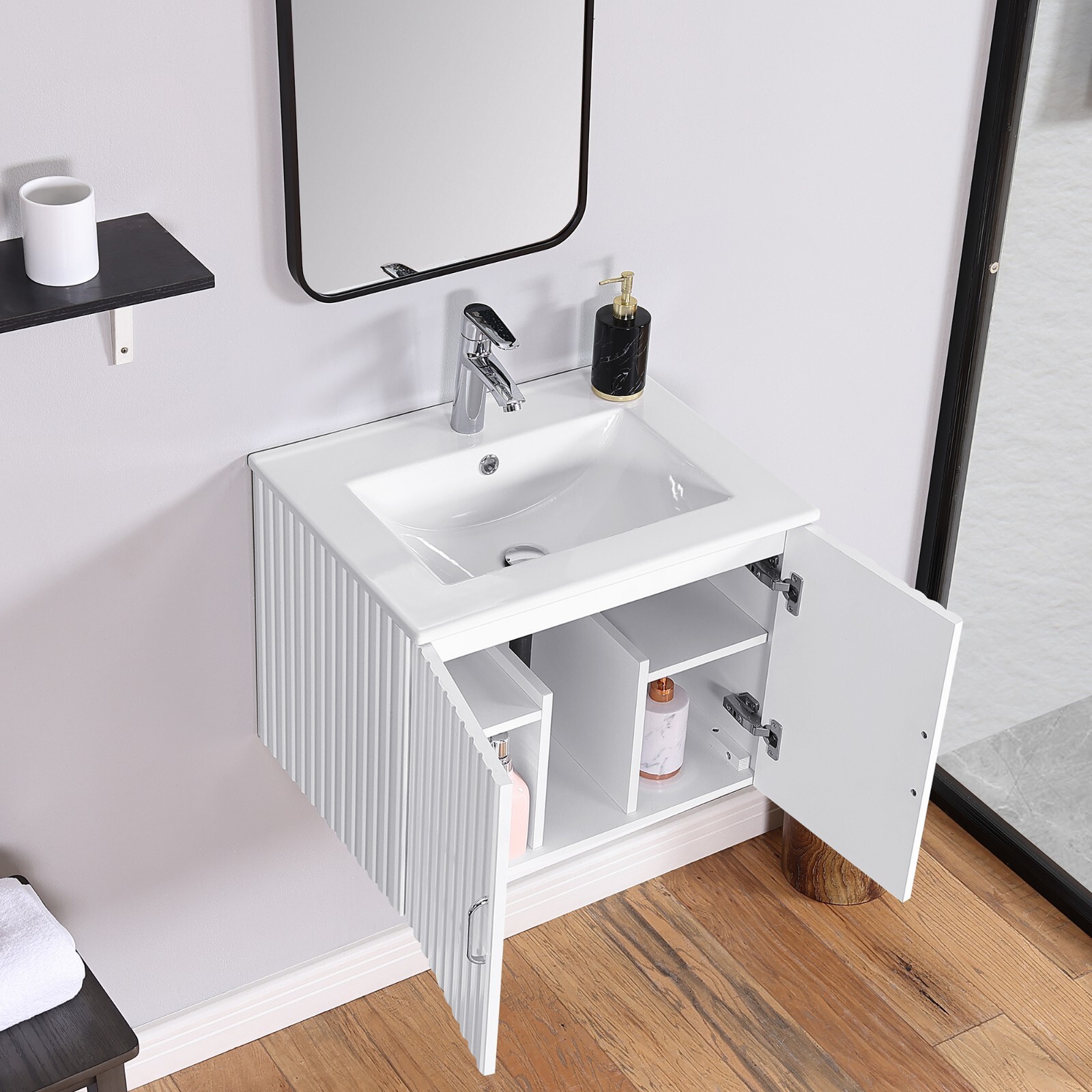 24″ Floating Wall Mounted Bathroom Vanity with White Porcelain Sink and Soft