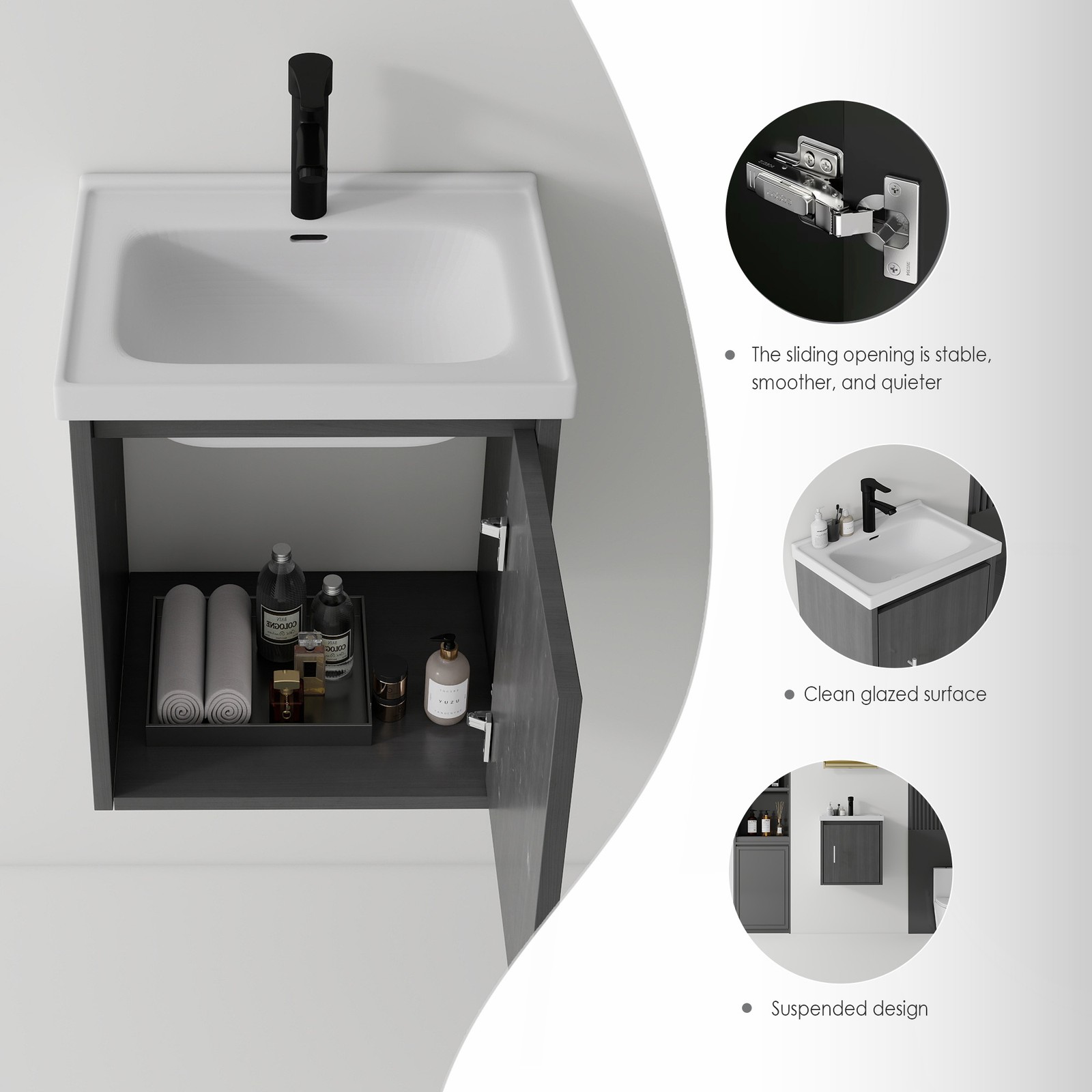 20″ Floating Bathroom Vanity with Ceramic Sink, Soft-Close Door