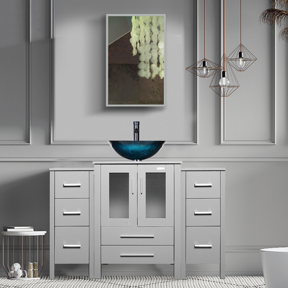 48″ Bathroom Vanity Set Tempered Glass Vessel Sink Faucet Combo Gray No Mirror