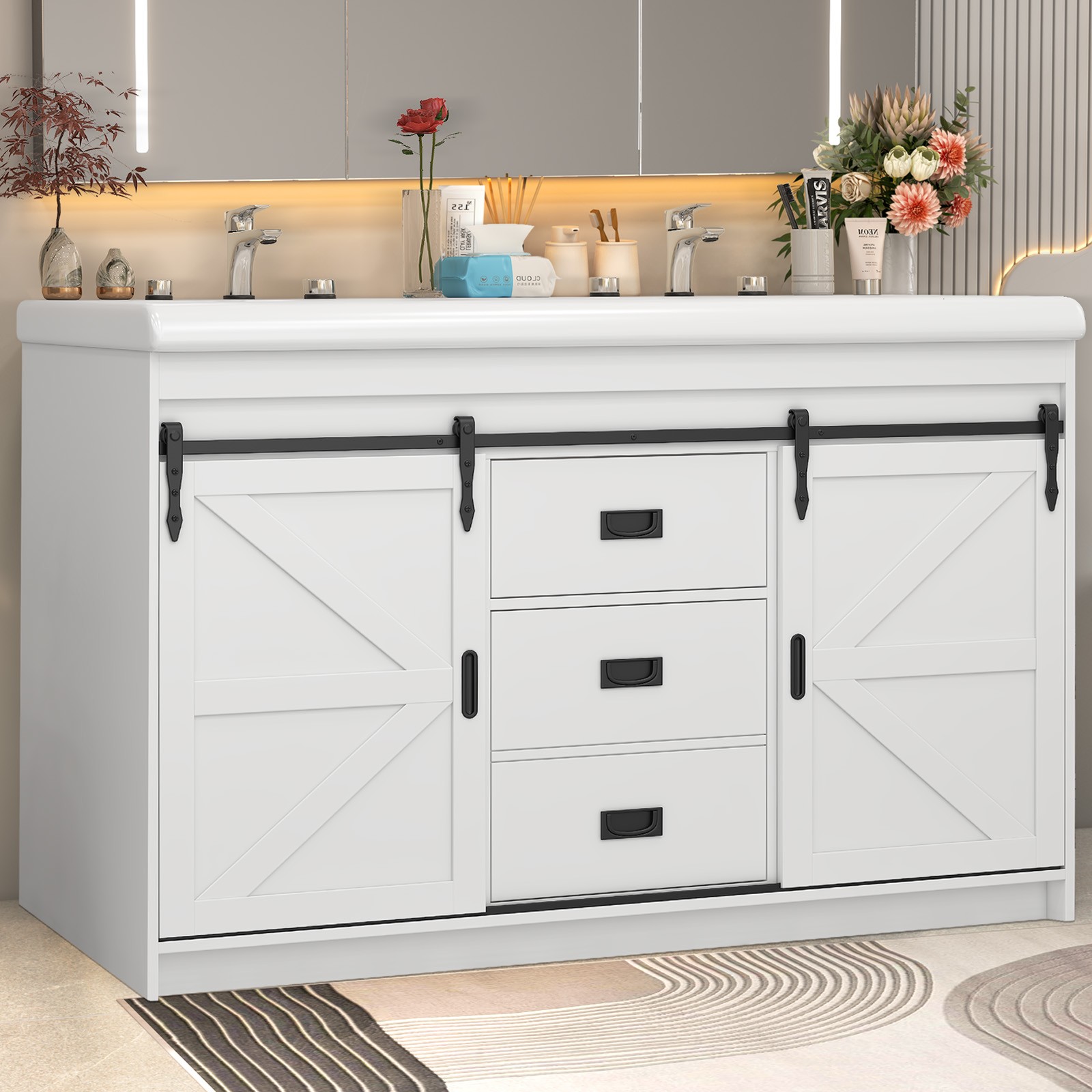 47 inch Bathroom Vanity Cabinet Double Ceramic Sink w/ Sliding Doors + Drawers