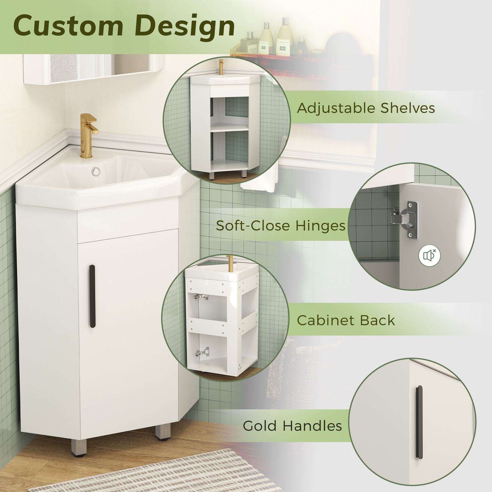 24″ Corner Bathroom Vanity with Sink for Small Compact Space Freestanding White