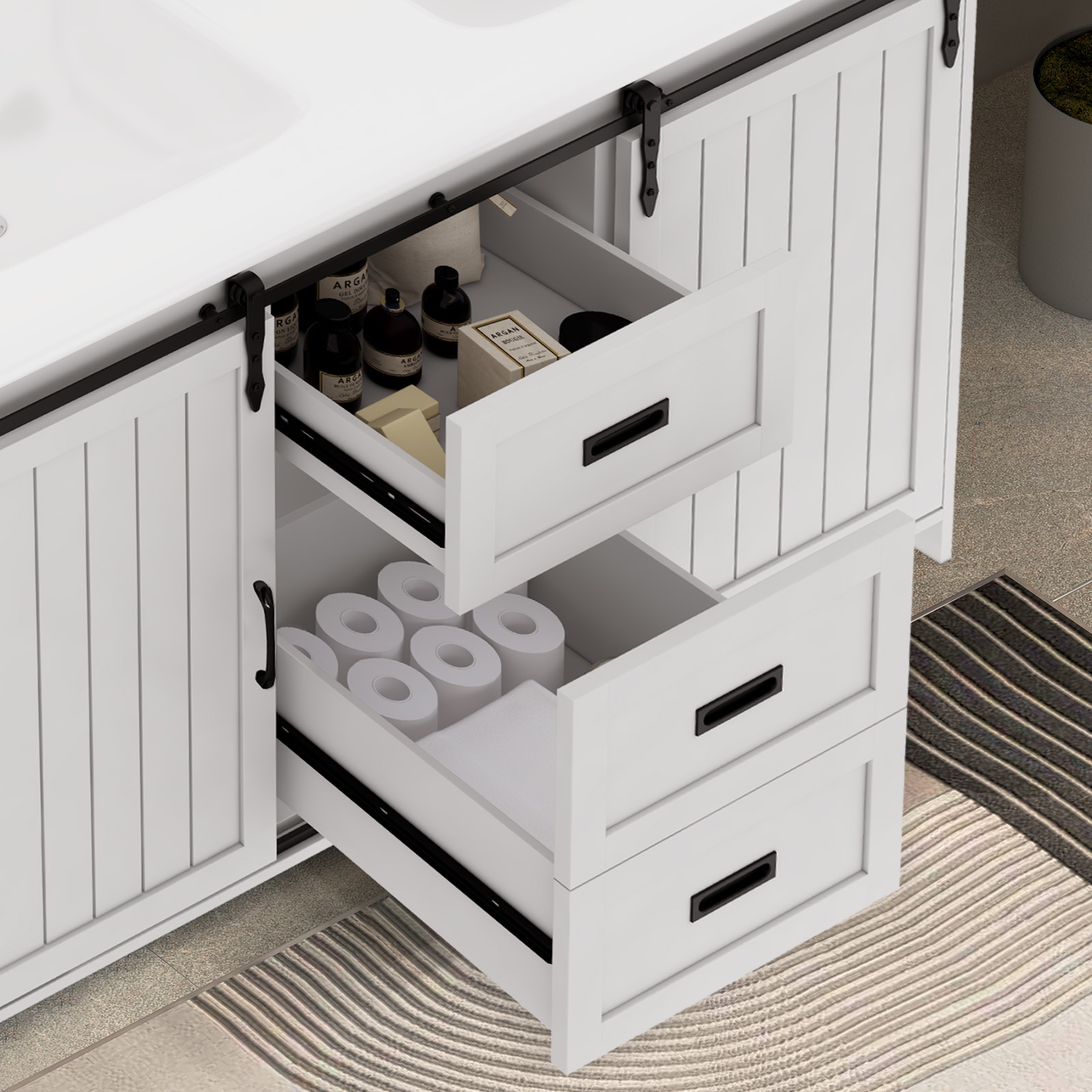 Bathroom Sliding Door Vanity Unit with 2-Drawer Cabinet and 2 Ceramic Sink Basin