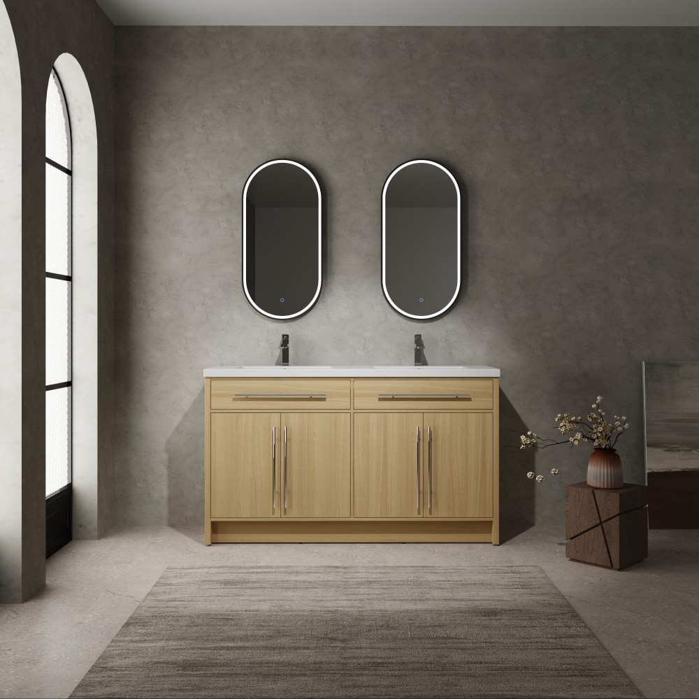 60 inch Plywood Bathroom Vanity Freestanding Double Resin Sink Storage W/2 Doors