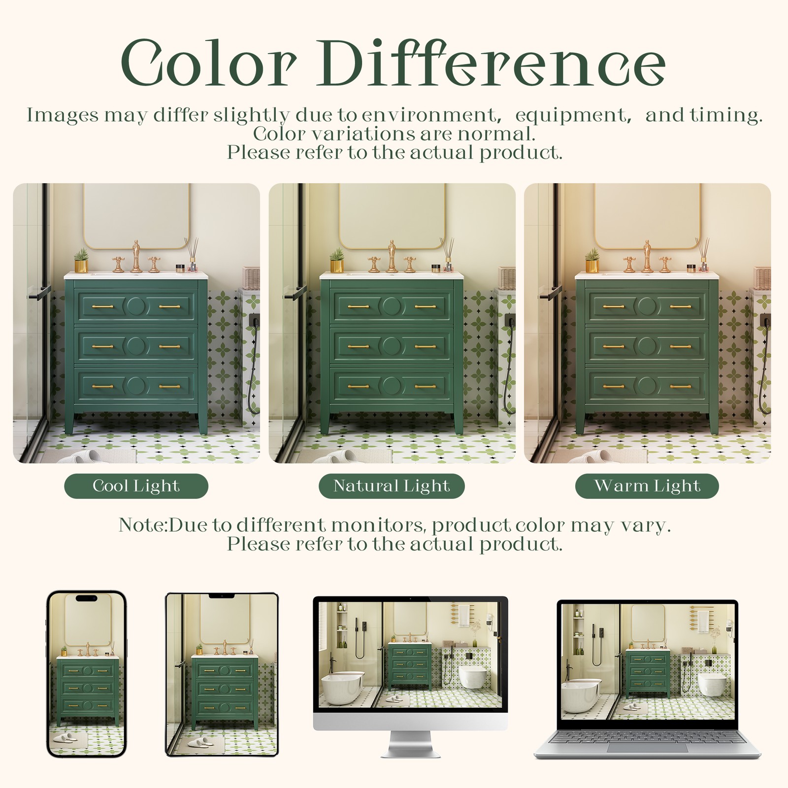 30″ Green Bathroom Vanity with Ceramic Sink, 3 Drawers, Solid Wood