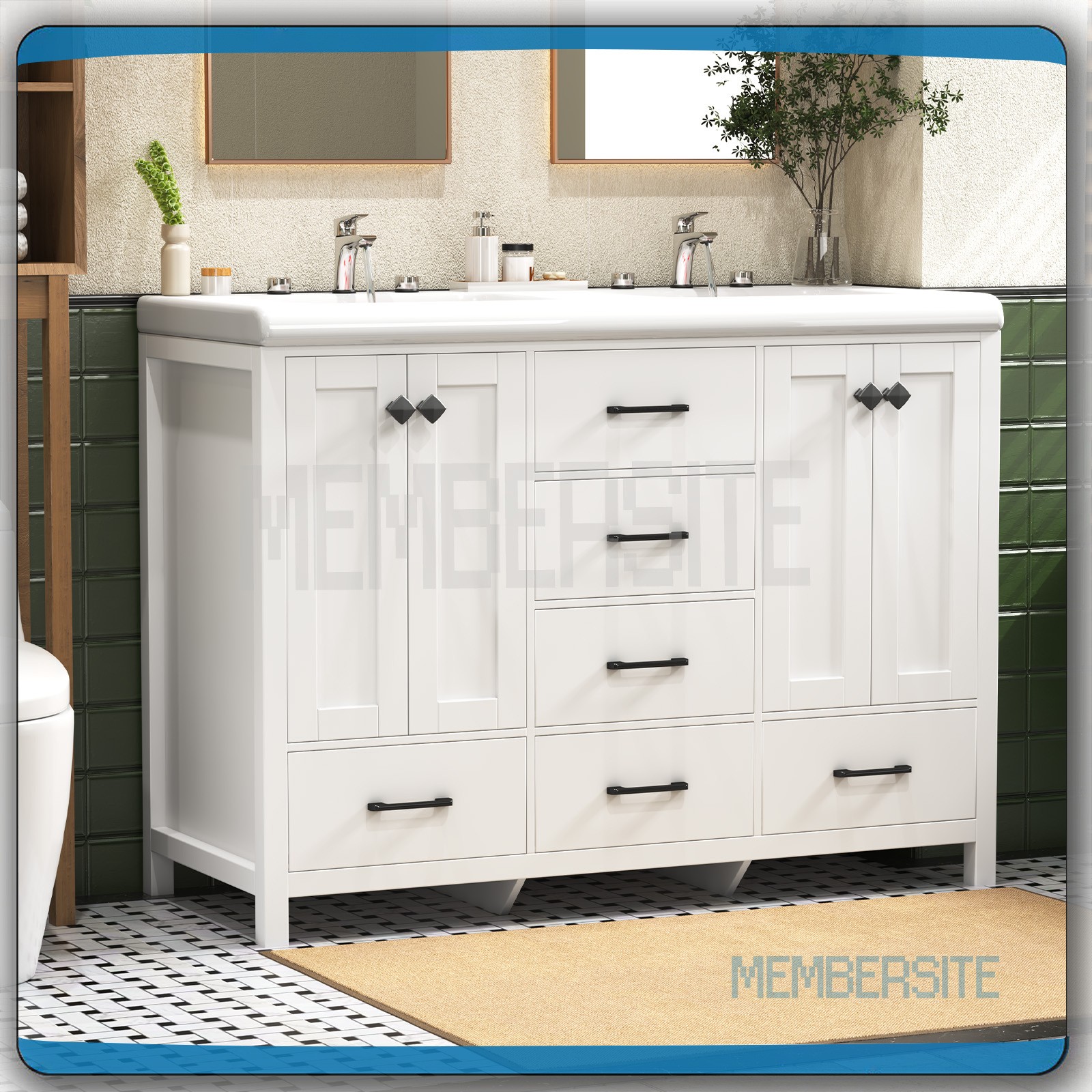 47.3″ Bathroom Vanity w/Double Ceramic Sinks Cabinet and 5 Drawers Freestanding