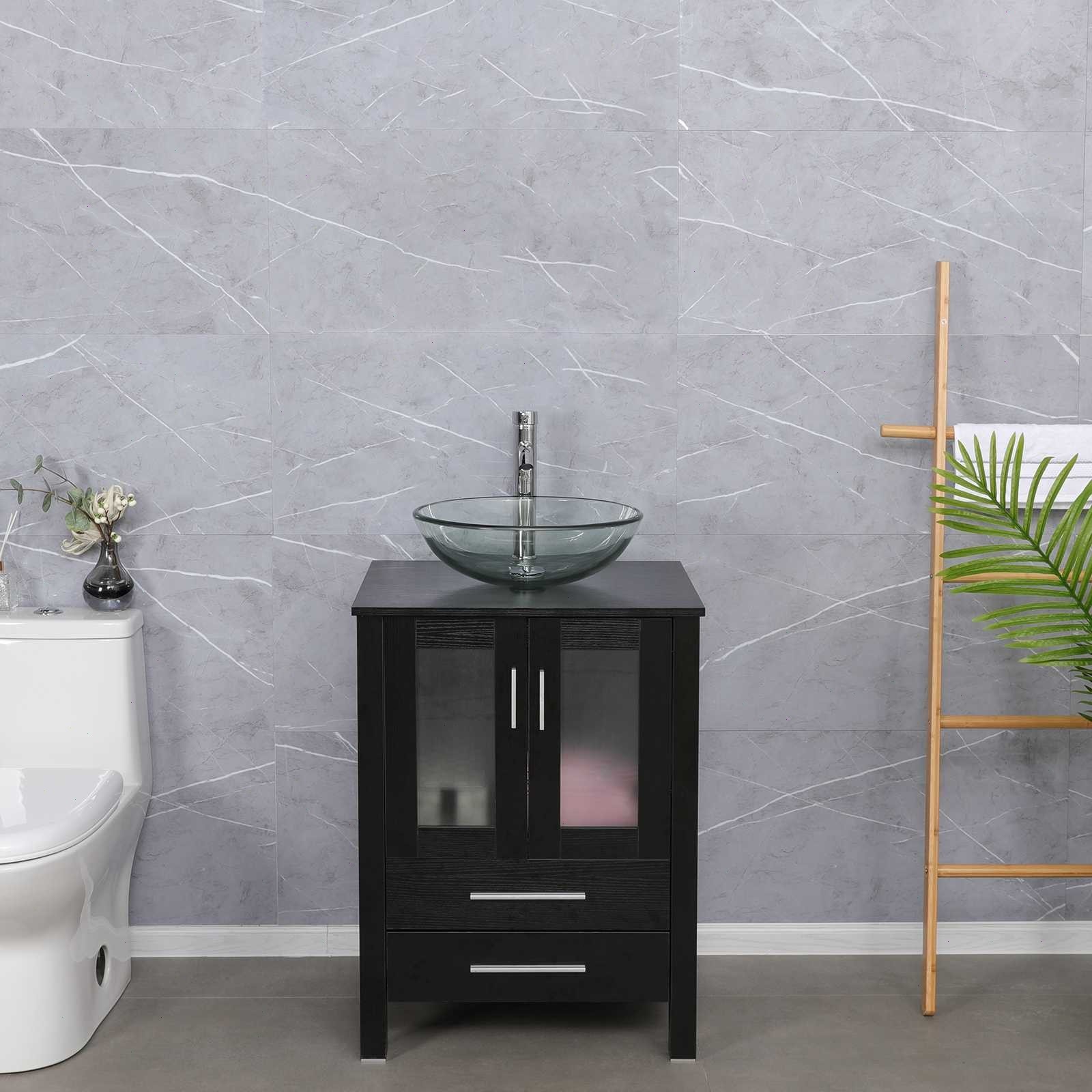 24″ Bathroom Vanity Cabinet Combo Organizer Top Vessel Sink W/ Faucet Drain Hose