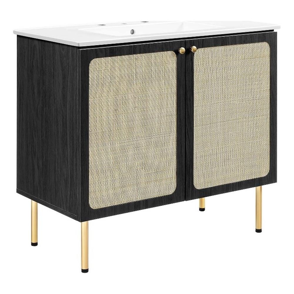 Pemberly Row 36″ Wood & Rattan Bathroom Vanity in Black/White