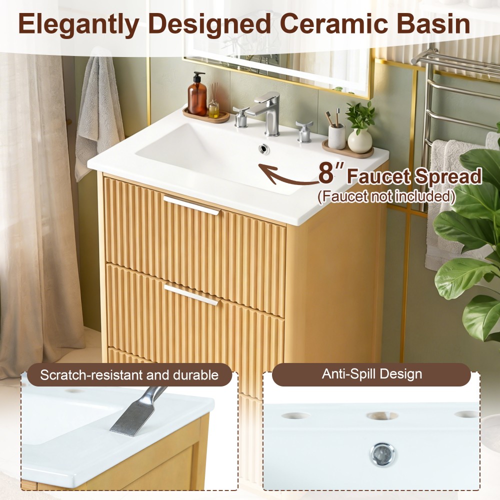 24 Inch Modern Luxury Bathroom Vanity Natural Wood Cabinet with Ceramic