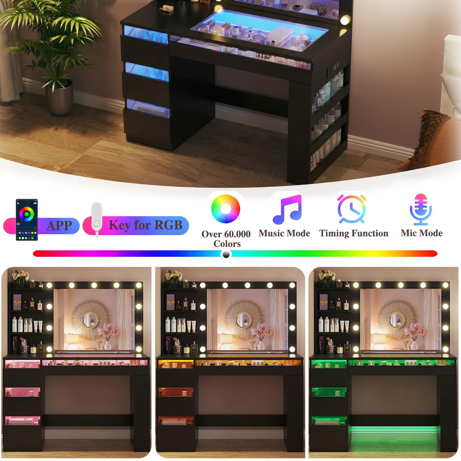 Vanity Desk Lighted Mirror Transparent Drawers RGB Power Outlet Storage Bedroom