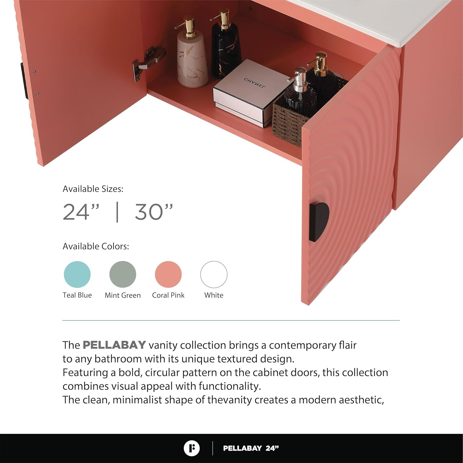 Coral Pink 24″ Floating Bathroom Vanity with Sink & Stylish Fluted Doors