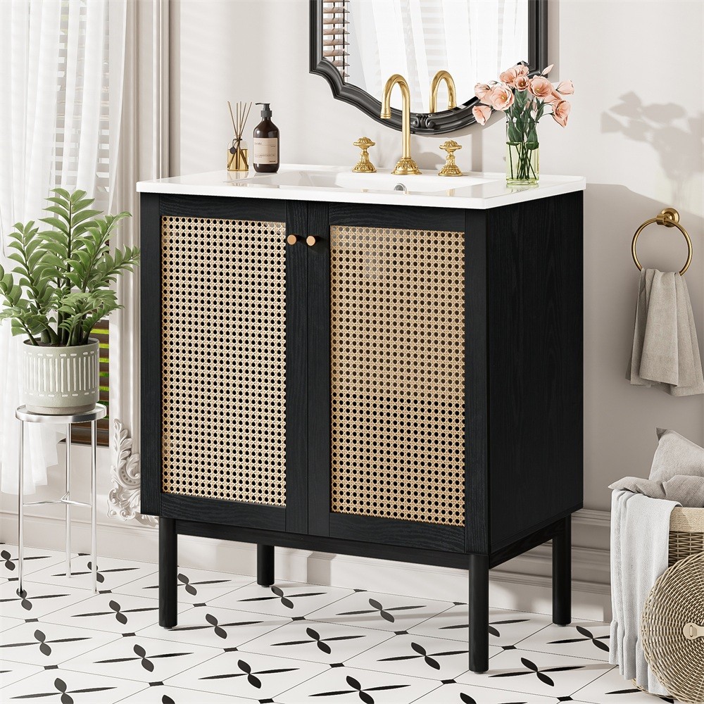 30″ Bathroom Vanity w/ Sink, Freestanding Vanity Storage Cabinet, 2 Rattan Doors