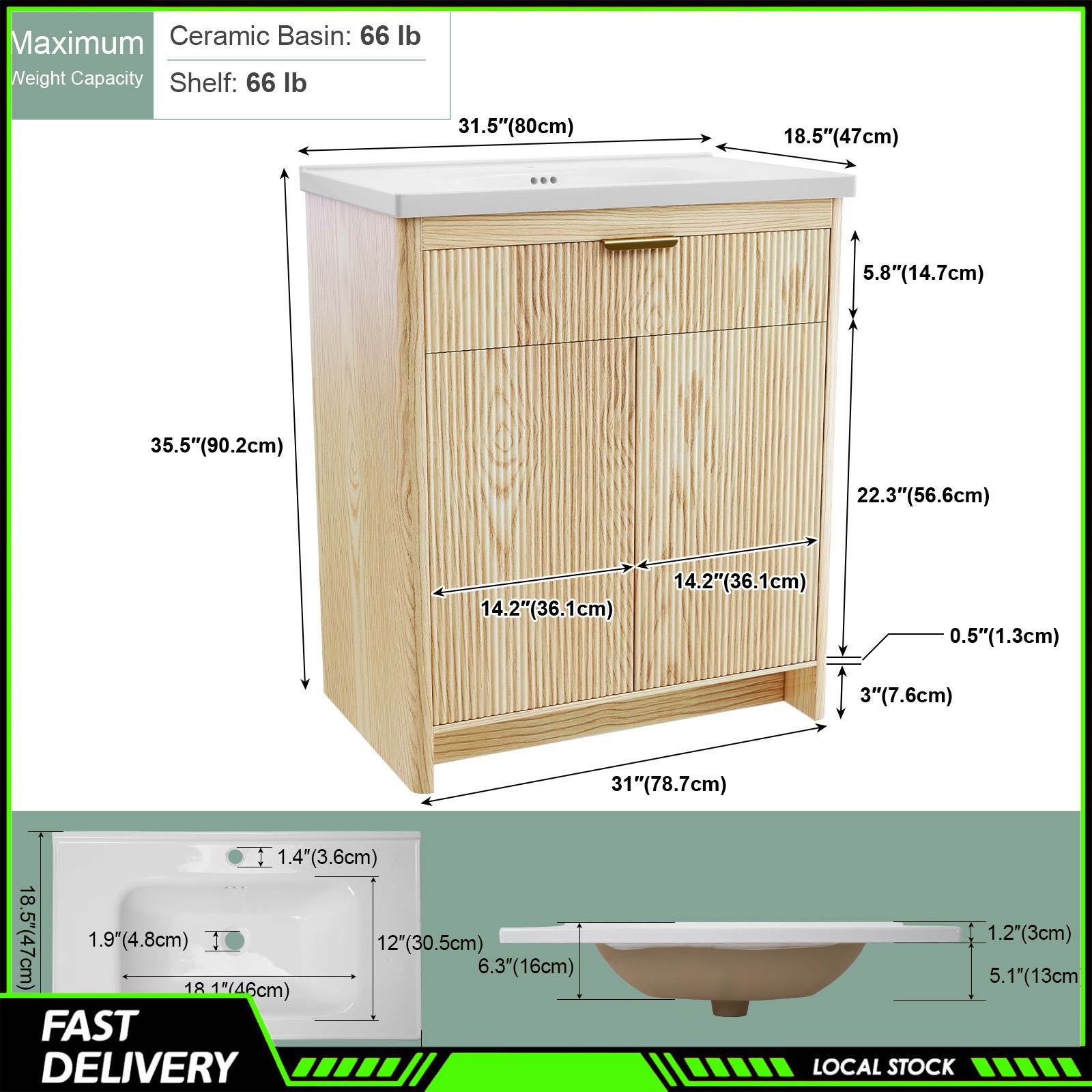 31″ Bathroom Vanity with Vanity Top Ceramic Sink, Storage Cabinet & Flip Drawer