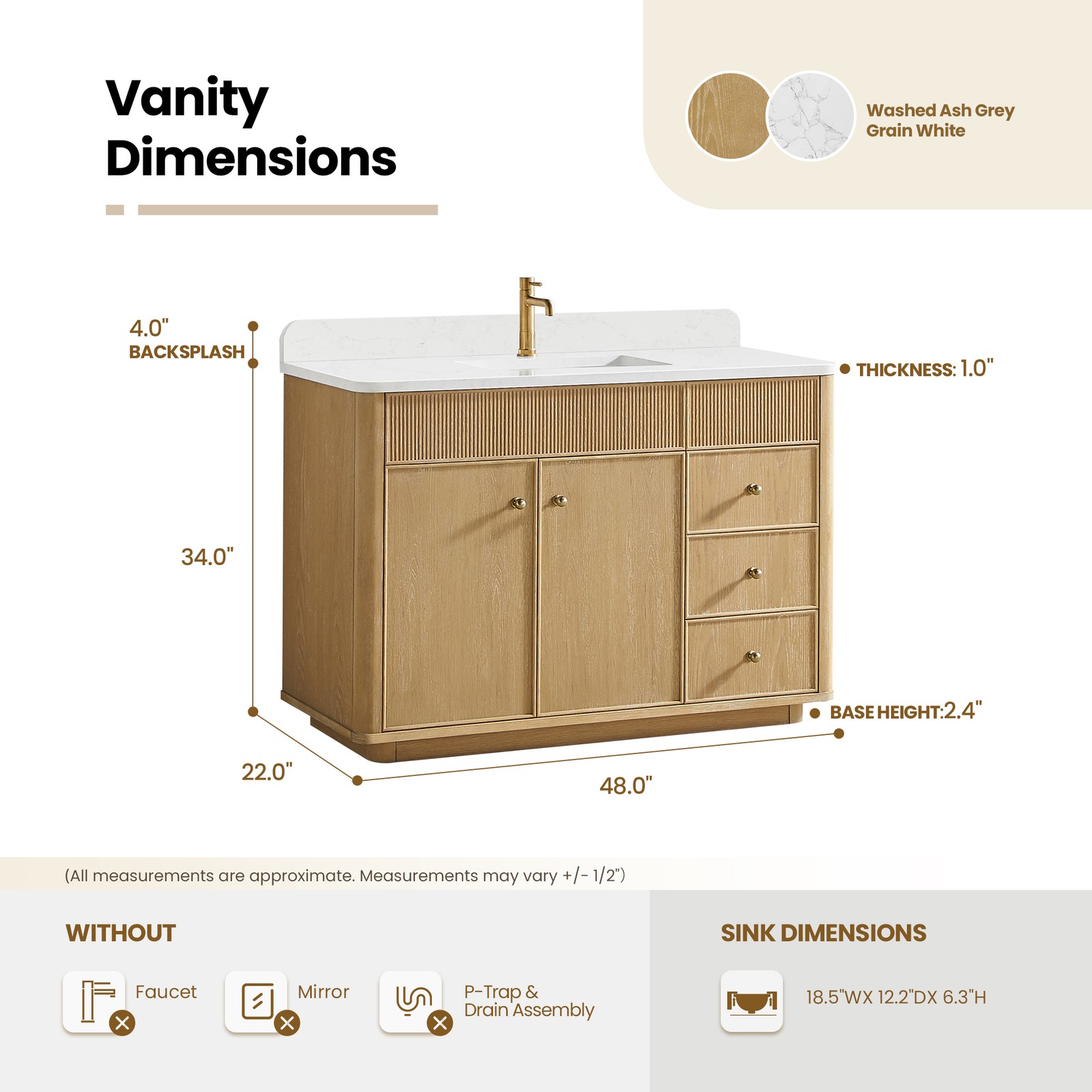 Zogno 48″ Solid Wood Single Bath Vanity in Washed Ash Gray with White Stone Top