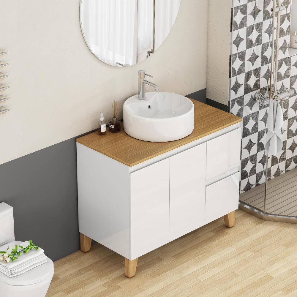 Bathroom cabinet with sink, double doors, and two drawers