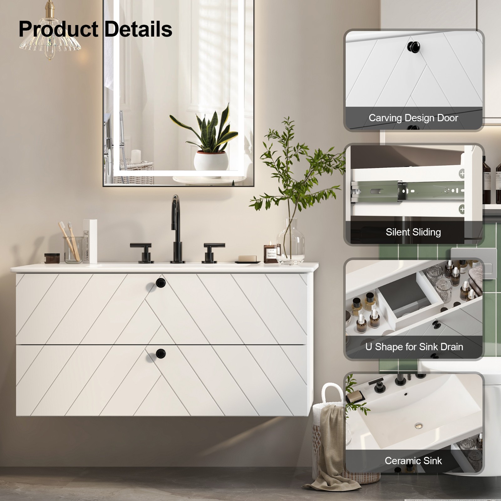 36″ 30″ 24″ Wall Mounted Bathroom Vanity Cabinet with Ceramic Sink Combo White