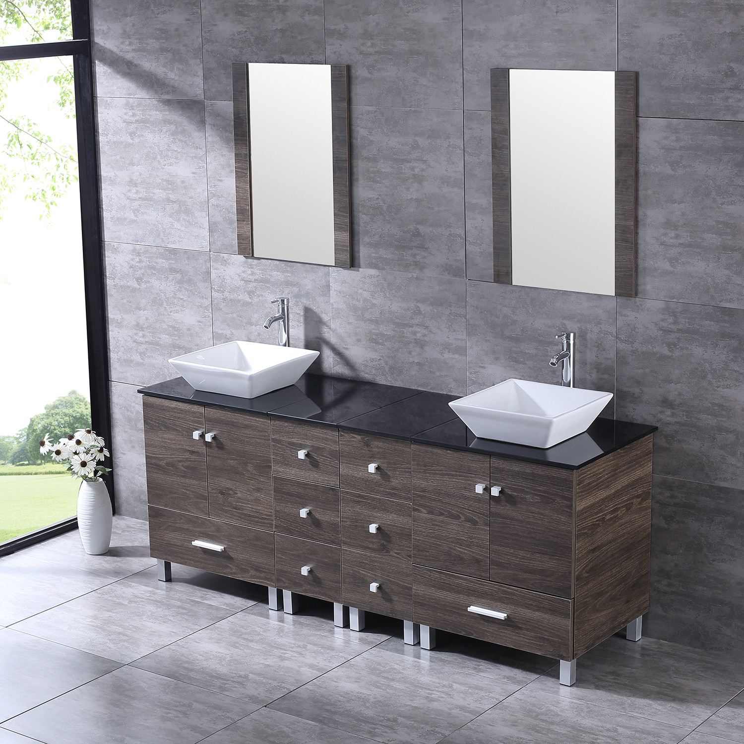 24″/36″/60″72″ Bathroom Vanity Wood Cabinet Ceramic Porcelain Sink Mirror Combo