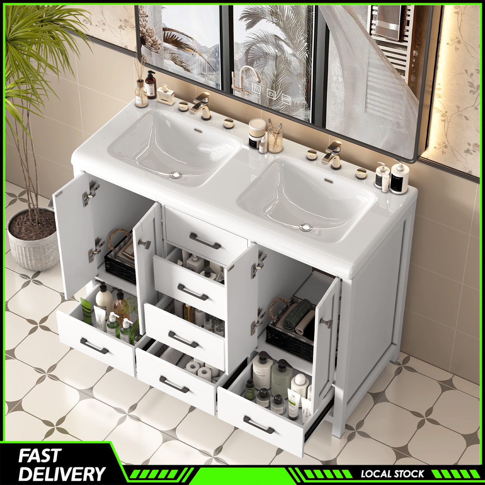 Double Ceramic Sinks 47.3″ Bathroom Vanity Freestanding Cabinet Storage Space